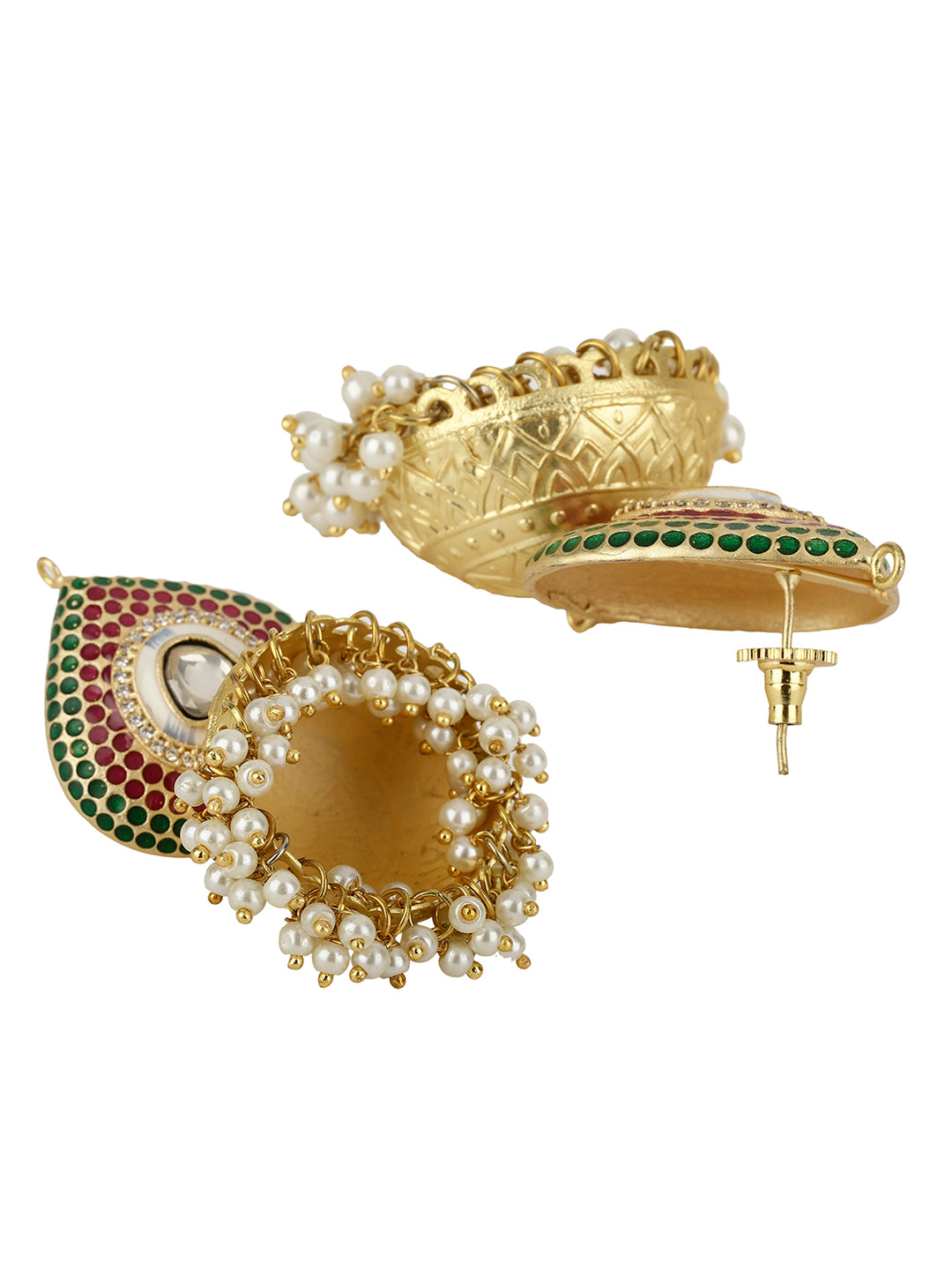 AARNA KUNDAN ENAMELED JHUMKA EARRINGS jewellery in 24K gold plating | XAGO Luxe
