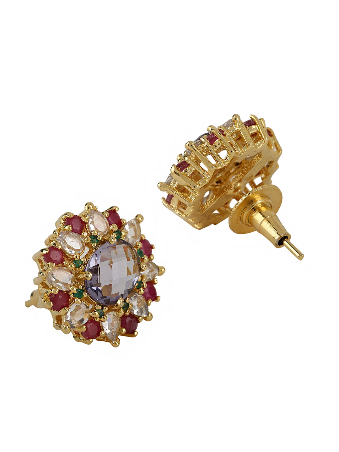 SHANTE RUBY, PURPLE STONE AND CLEAR QUARTZ STUDDED STUDS jewellery in 24K gold plating | XAGO Luxe