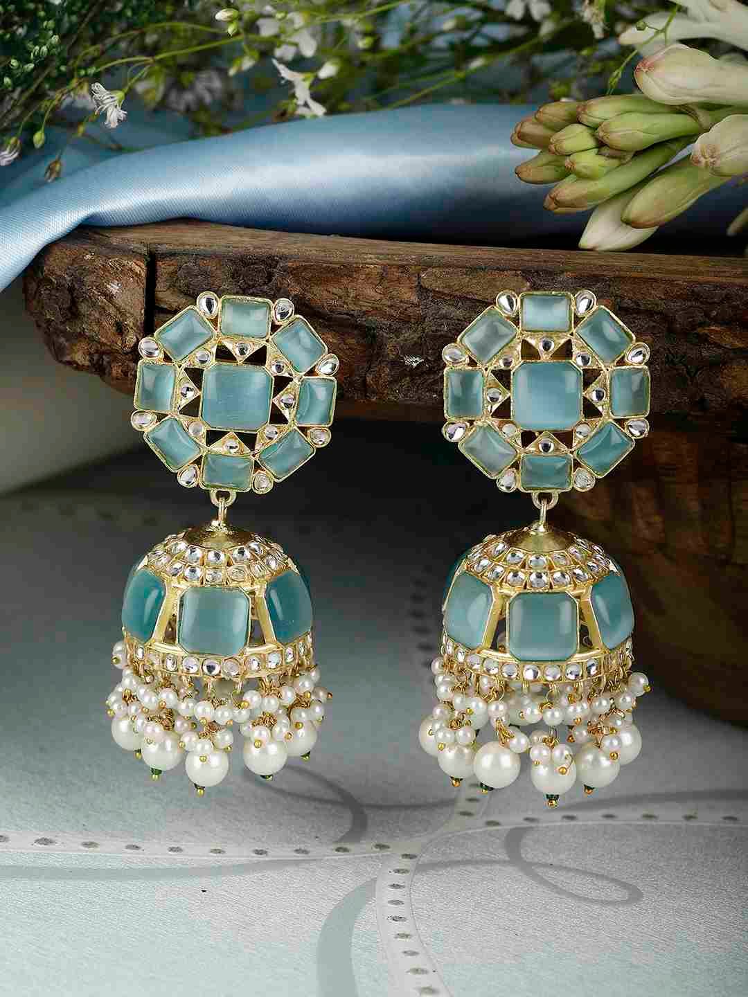 ASHNI BLUE MONALISA AND PEARL POLKI JHUMKA EARRINGS statement earrings in 24K gold plating | XAGO Luxe