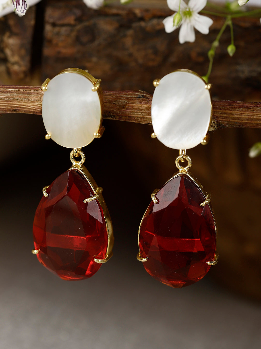 NITYA MOTHER OF PEARL AND RED ONYX CONVERTIBLE DROP EARRINGS jewellery in 24K gold plating | XAGO Luxe