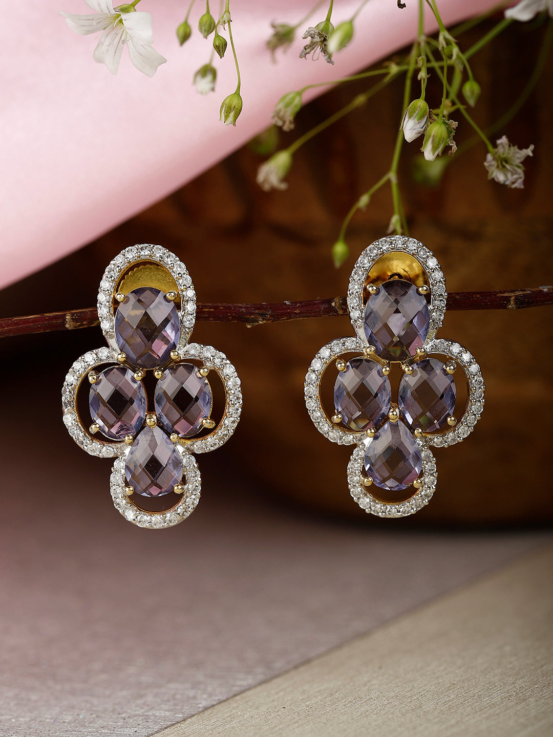 VEDSHA PURPLE STONE AND AD STUDDED STUDS jewellery in 24K gold plating | XAGO Luxe