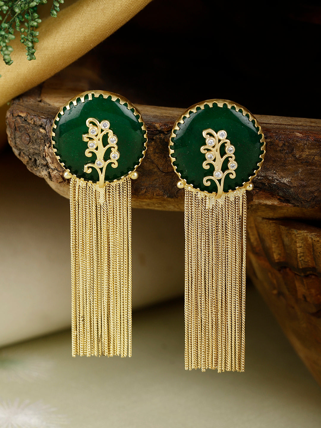 VEDA GREEN STONE DANGLER EARRING jewellery in 24K gold plating | XAGO Luxe