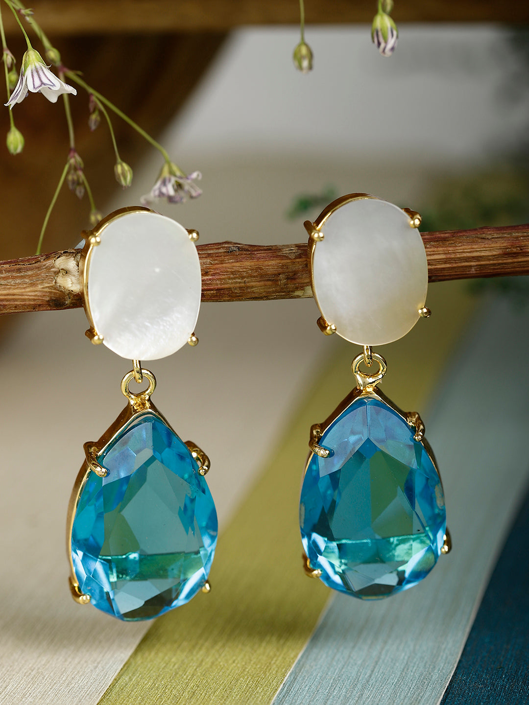 SAISHA  BLUE & WHITE CONVERTIBLE DROP EARRINGS jewellery in 24K gold plating | XAGO Luxe