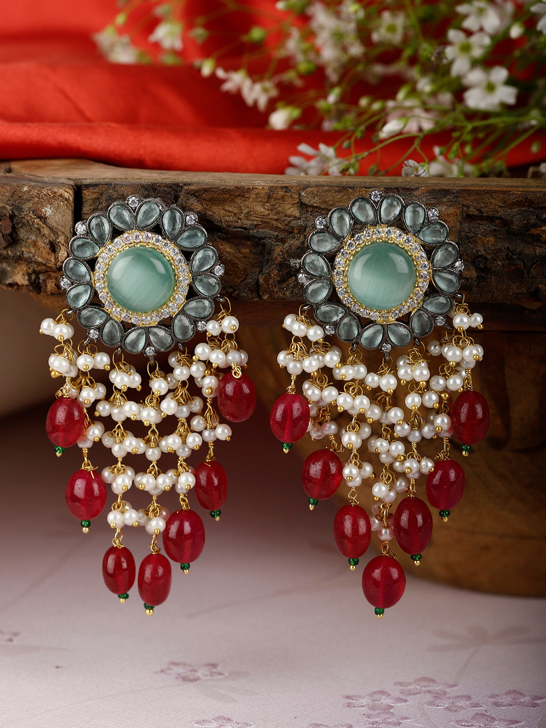 RANIA AD ,  RED BEADS & PEARL EARRINGS jewellery in 24K gold plating | XAGO Luxe