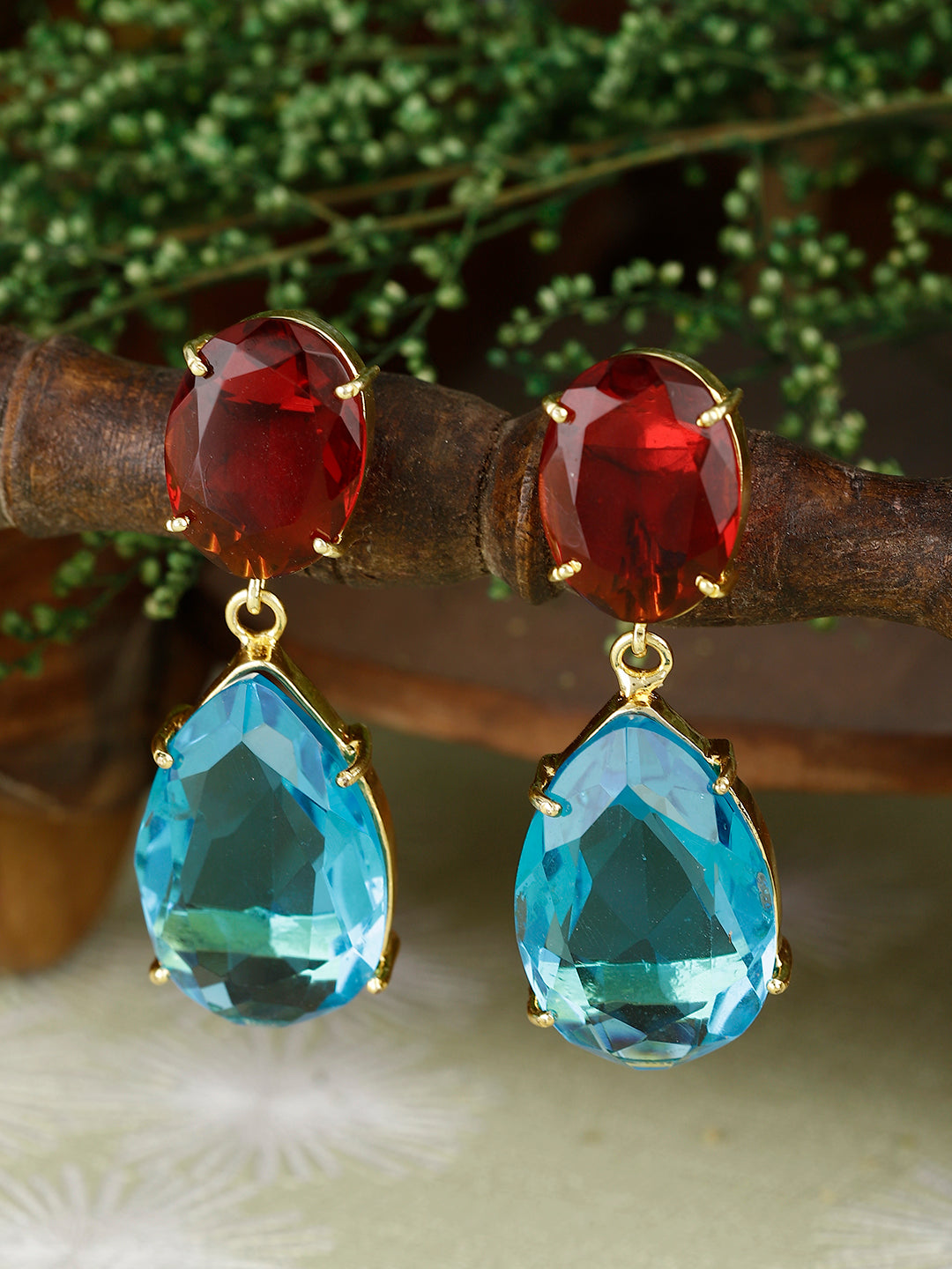 ARYA RED ONYX AND BLUE TOPAZ GOLD PLATED CONVERTIBLE EARRINGS statement earrings in 24K gold plating | XAGO Luxe