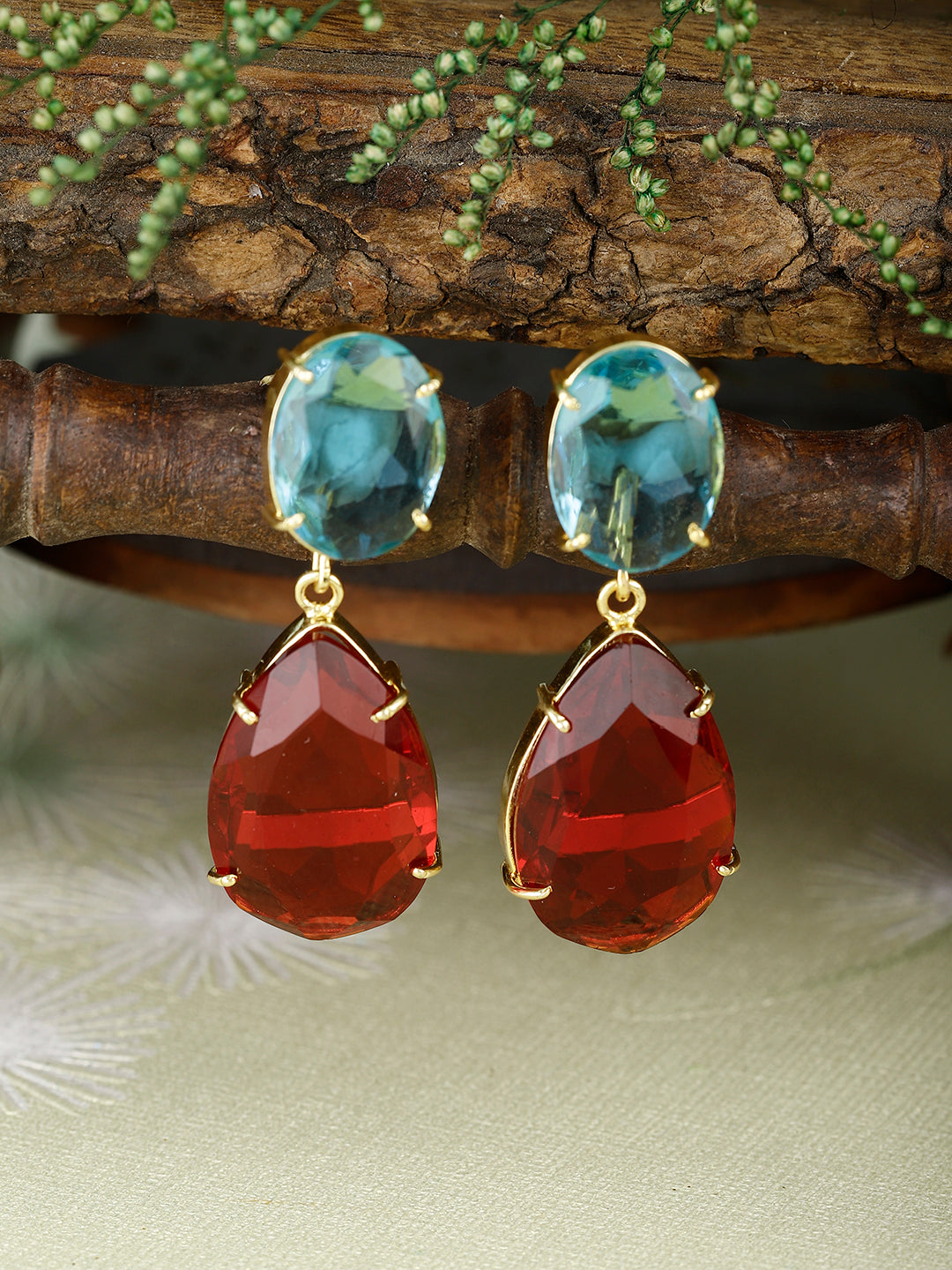 SHASTA RED AND BLUE DROP CONVERTIBLE EARRINGS jewellery in 24K gold plating | XAGO Luxe