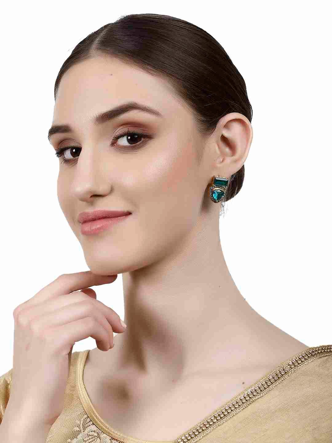 SHYLA BLUE STONE AND AD STUDDED STUDS jewellery in 24K gold plating | XAGO Luxe