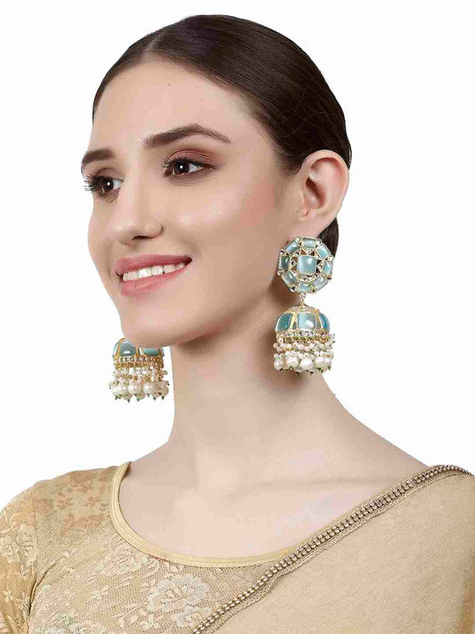 ASHNI BLUE MONALISA AND PEARL POLKI JHUMKA EARRINGS statement earrings in 24K gold plating | XAGO Luxe