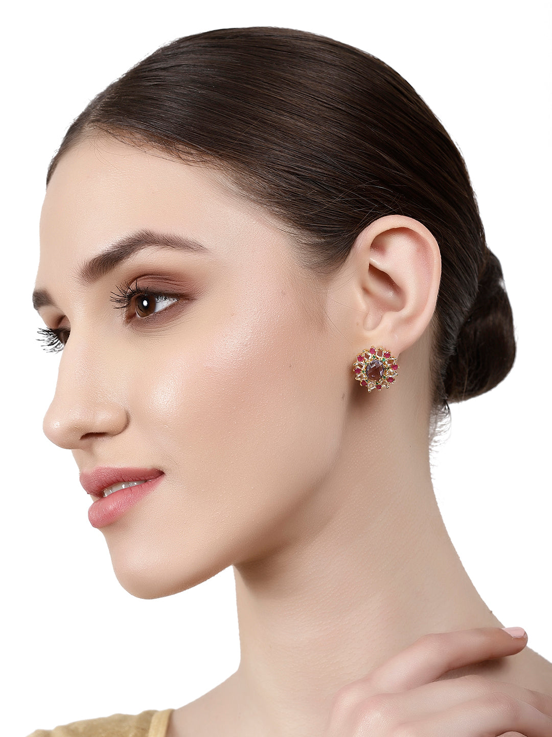 SHANTE RUBY, PURPLE STONE AND CLEAR QUARTZ STUDDED STUDS jewellery in 24K gold plating | XAGO Luxe