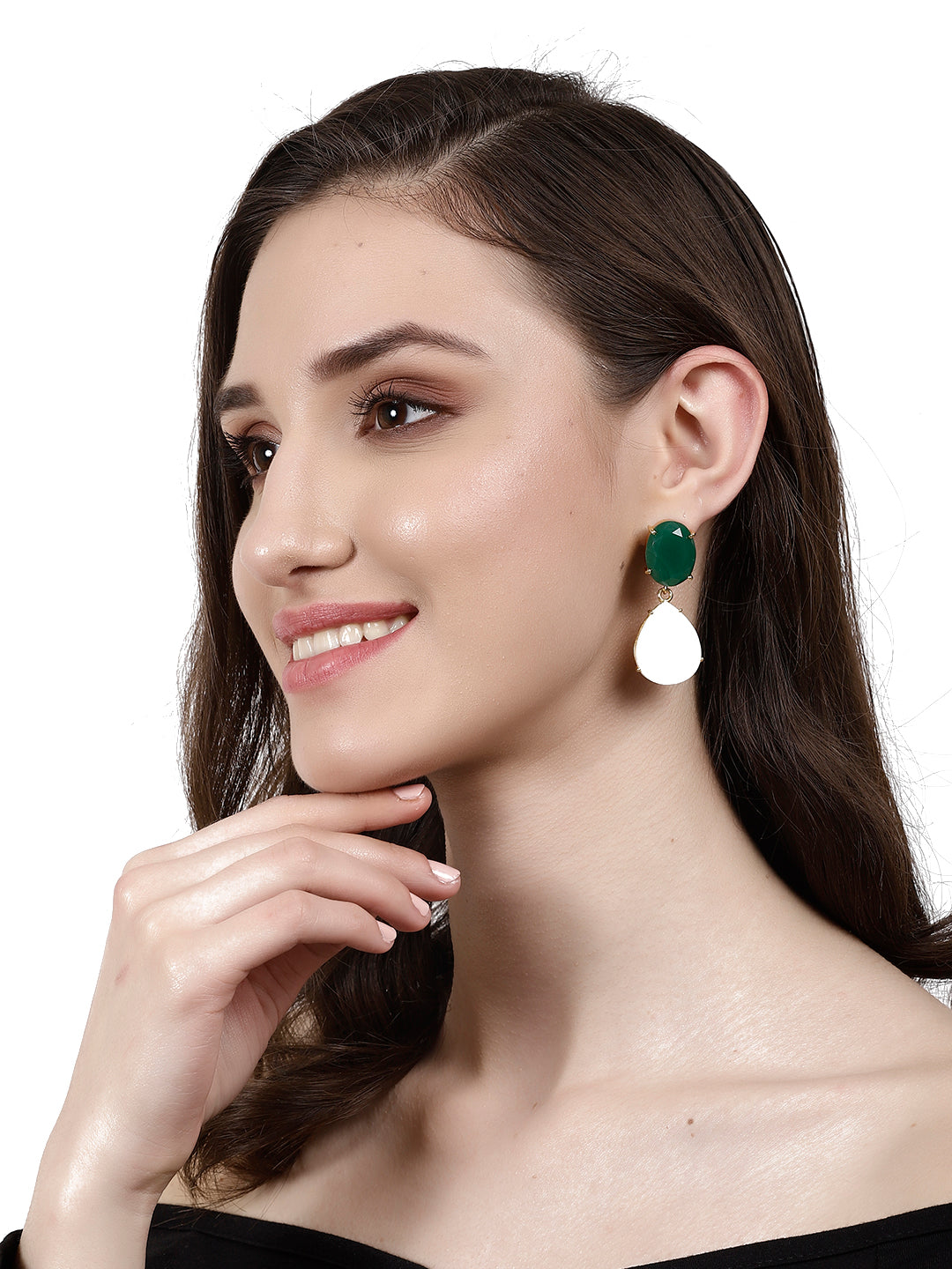 AMATA MOTHER OF PEARL AND GREEN ONYX CONVERTIBLE DROP EARRINGS jewellery in 24K gold plating | XAGO Luxe