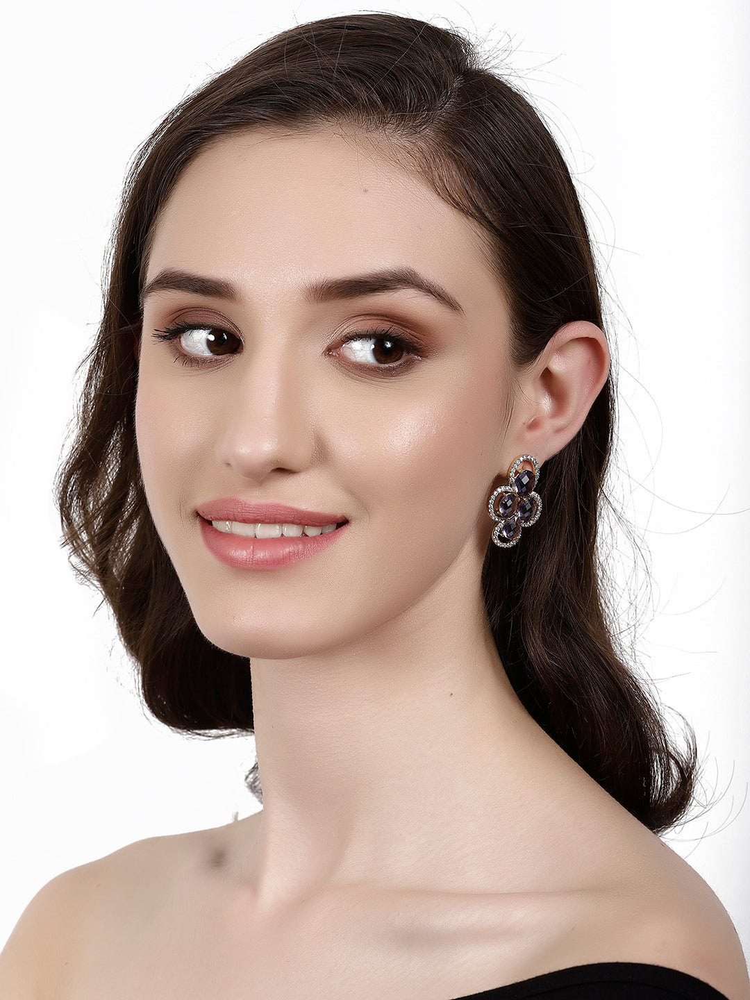 VEDSHA PURPLE STONE AND AD STUDDED STUDS jewellery in 24K gold plating | XAGO Luxe