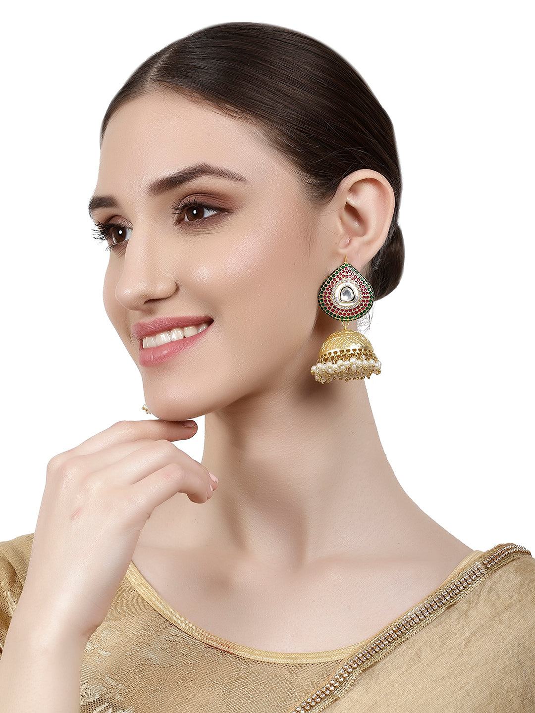 AARNA KUNDAN ENAMELED JHUMKA EARRINGS jewellery in 24K gold plating | XAGO Luxe