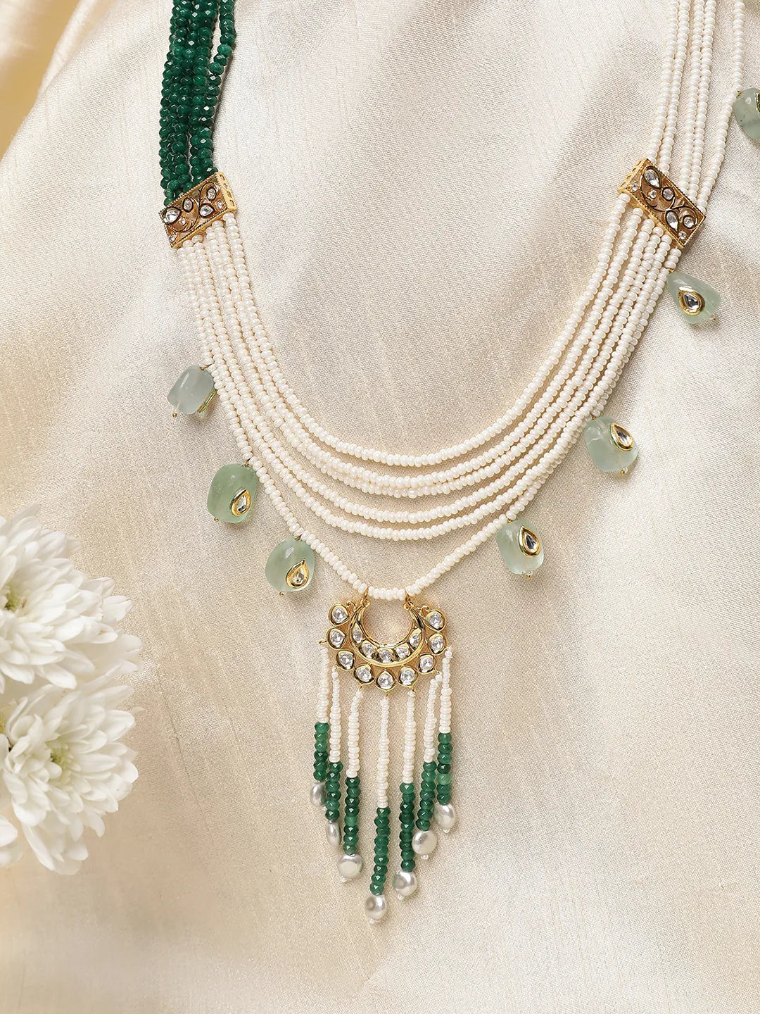 LE ASTERIA EMERALD, DIAMOND AND PEARL NECKLACE SET jewellery in 24K gold plating | XAGO Luxe