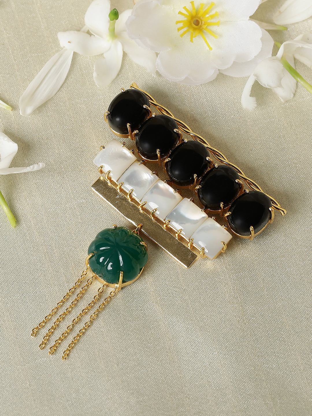 ASTRAL GREEN ONYX, BLACK ONYX & MOTHER OF PEARL BROOCH jewellery in 24K gold plating | XAGO Luxe