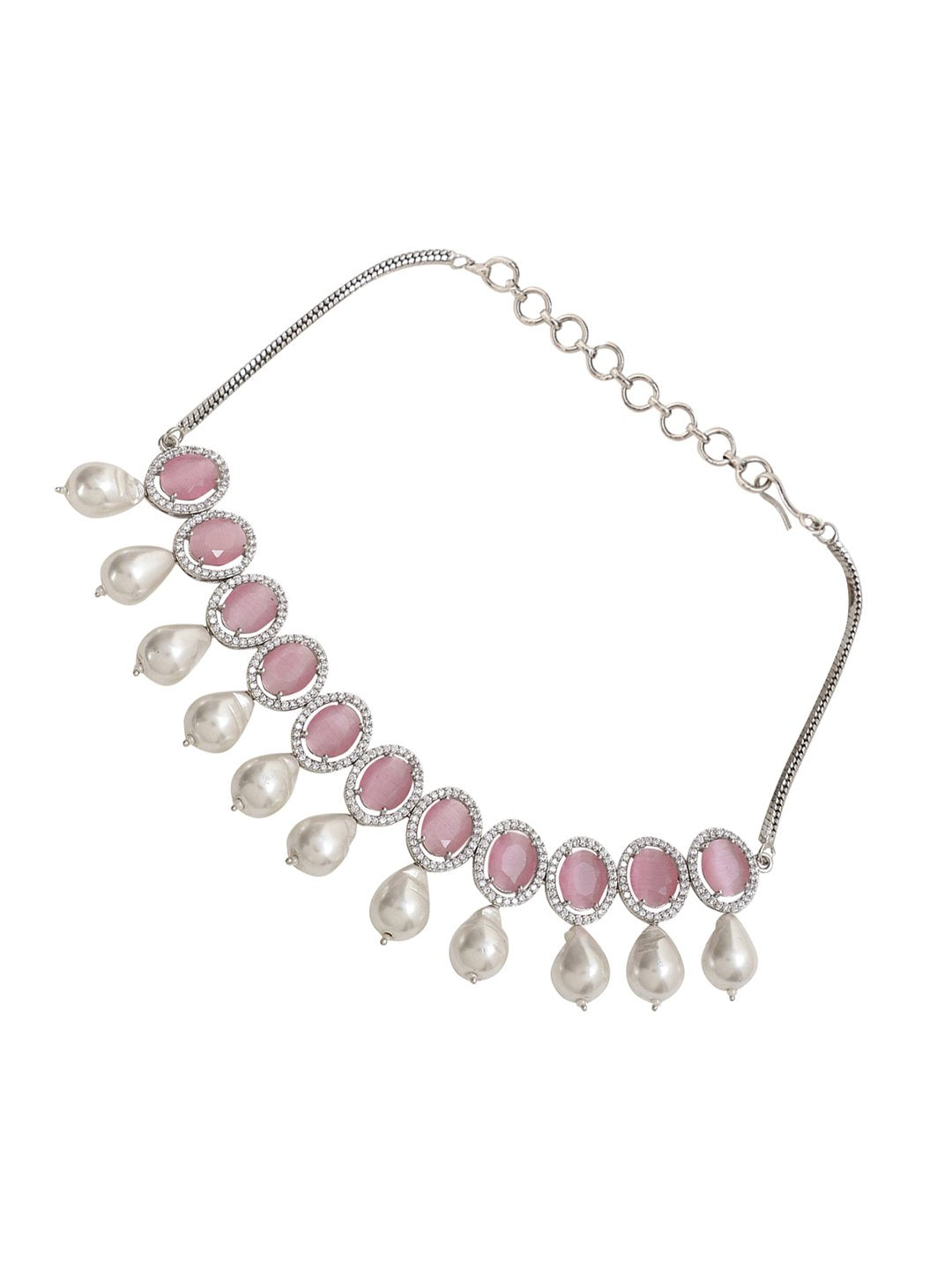 LE AMARA RHODIUM-PLATED & PINK BEADED AD-STUDDED HANDCRAFTED JEWELLERY SET jewellery in 24K gold plating | XAGO Luxe