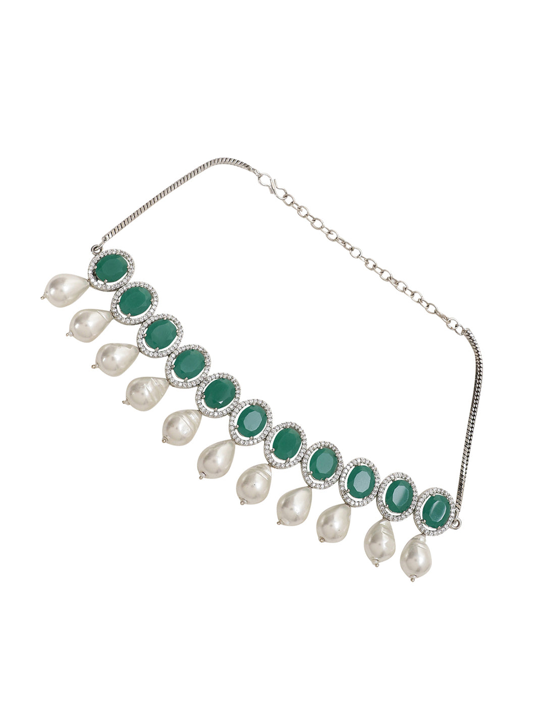 LE SEDNA RHODIUM-PLATED & GREEN BEADED AD STUDDED HANDCRAFTED JEWELLERY SET jewellery in 24K gold plating | XAGO Luxe