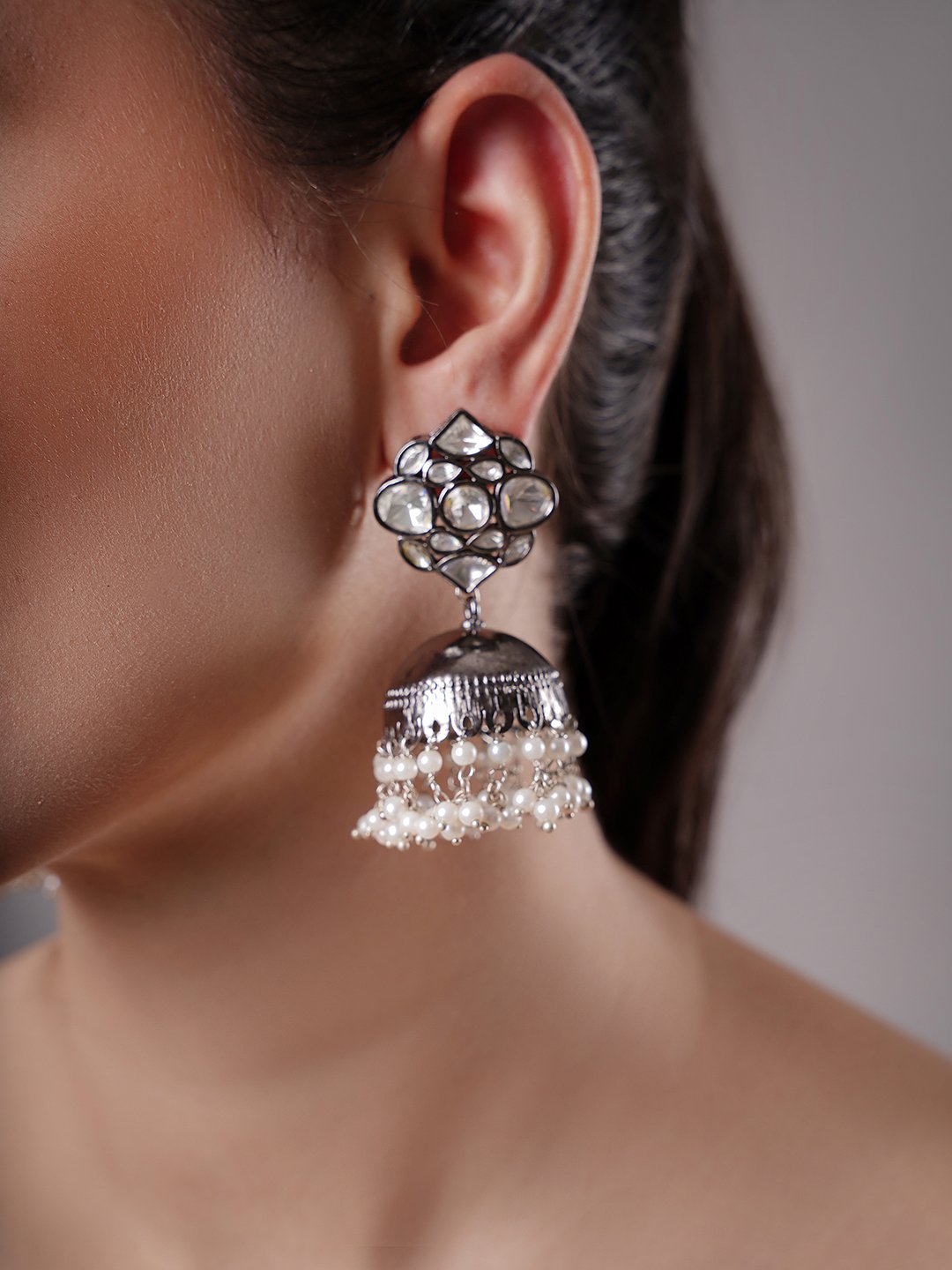 LE AMILA SILVER-TONED FLORAL SHAPED JHUMKA EARRINGS jewellery in 24K gold plating | XAGO Luxe