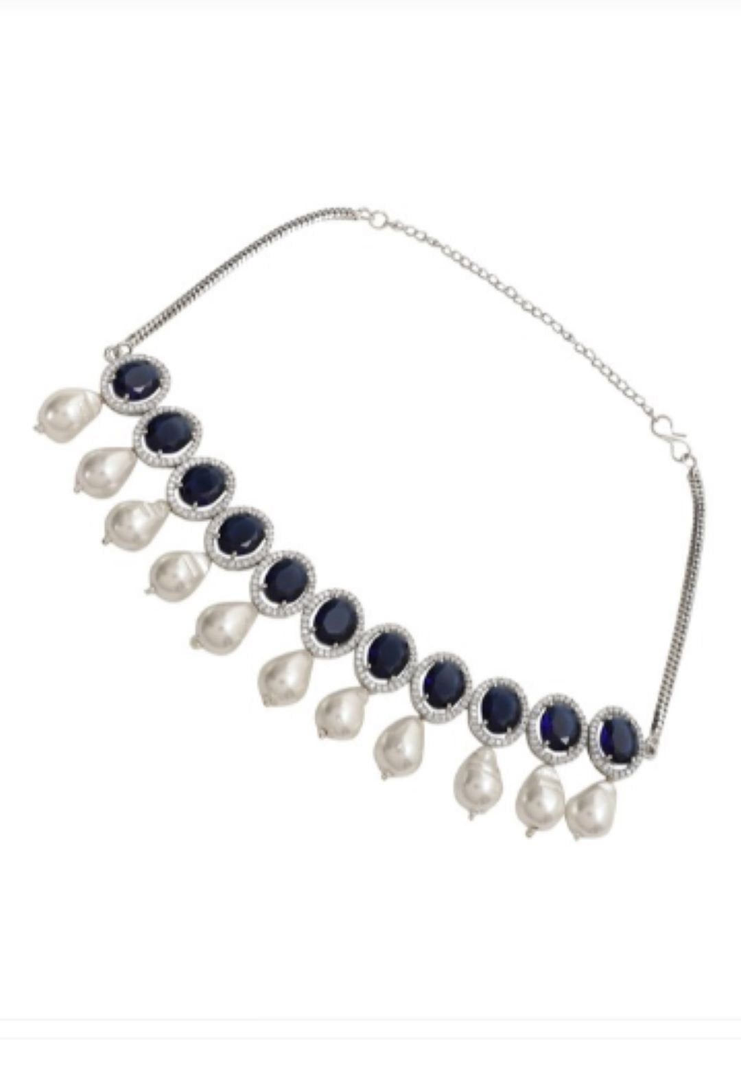 LE LIBENA RHODIUM-PLATED & BLUE BEADED AD-STUDDED HANDCRAFTED JEWELLERY SET jewellery in 24K gold plating | XAGO Luxe