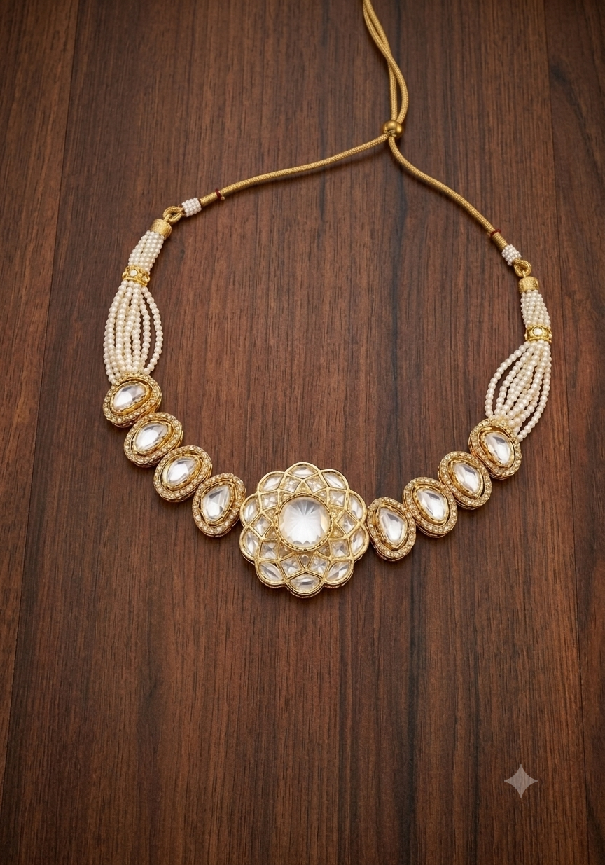 Contemporary Kundan-Style Floral Pearl Choker Brass XAGO