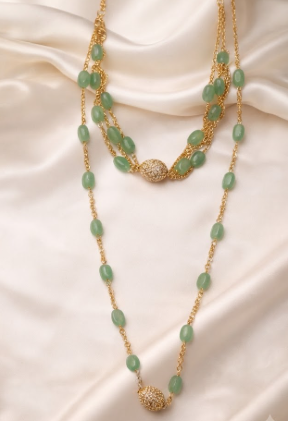 Contemporary Multi-Layer Green Bead & Chain Statement Necklace