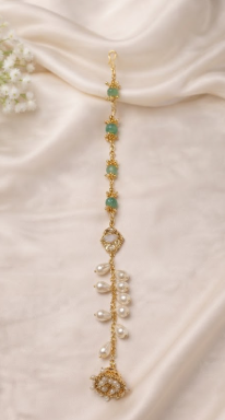 Contemporary Pearl and Green Beaded Lumba Rakhi with Jhumka