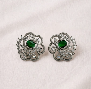 Contemporary Silver-Tone Green and Clear Crystal Swirl Stud Earrings