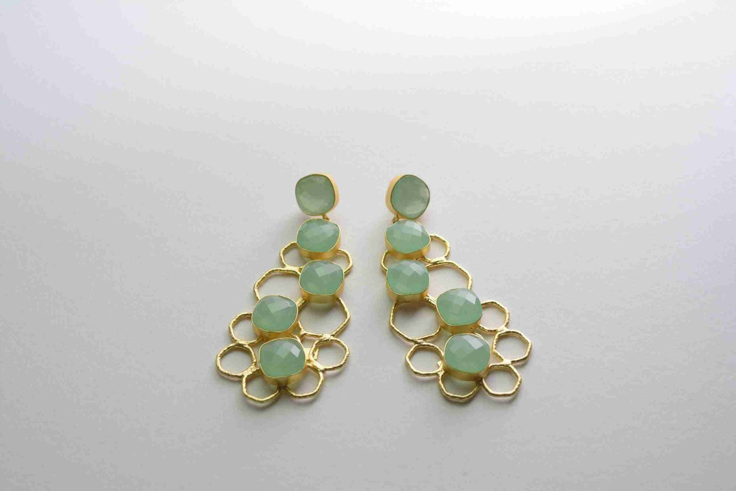 NOAH GOLD PLATED ROSE CUT AQUA CHALCEDONY CONTEMPORARY DROP EARRINGS