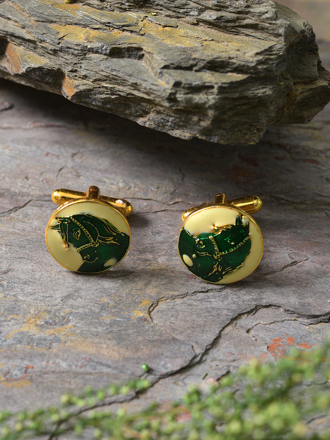 GOLD & GREEN-TONED ROUND CUFFLINKS jewellery in 24K gold plating | XAGO Luxe