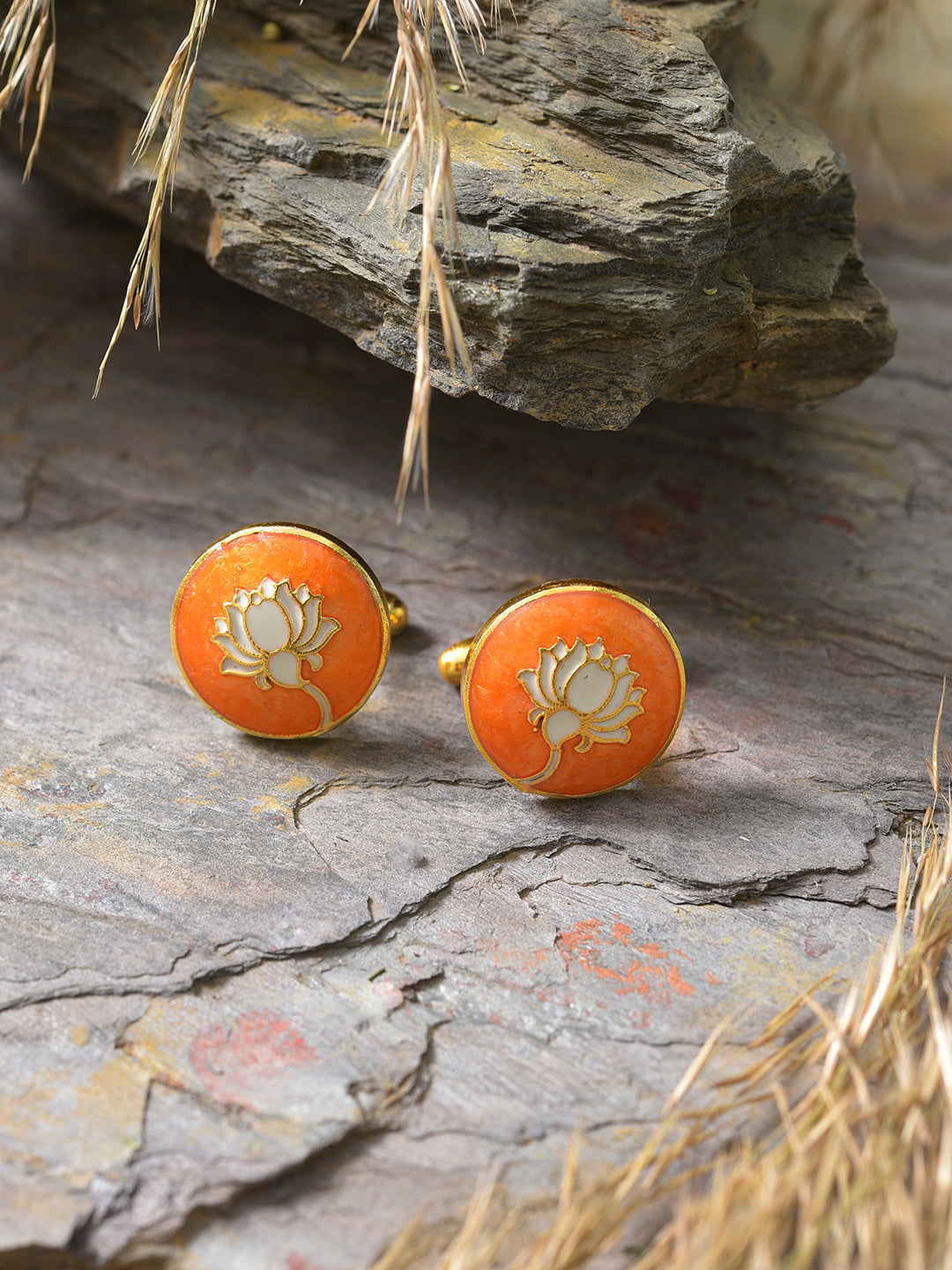 GOLD & ORANGE-TONED ROUND CUFFLINKS jewellery in 24K gold plating | XAGO Luxe