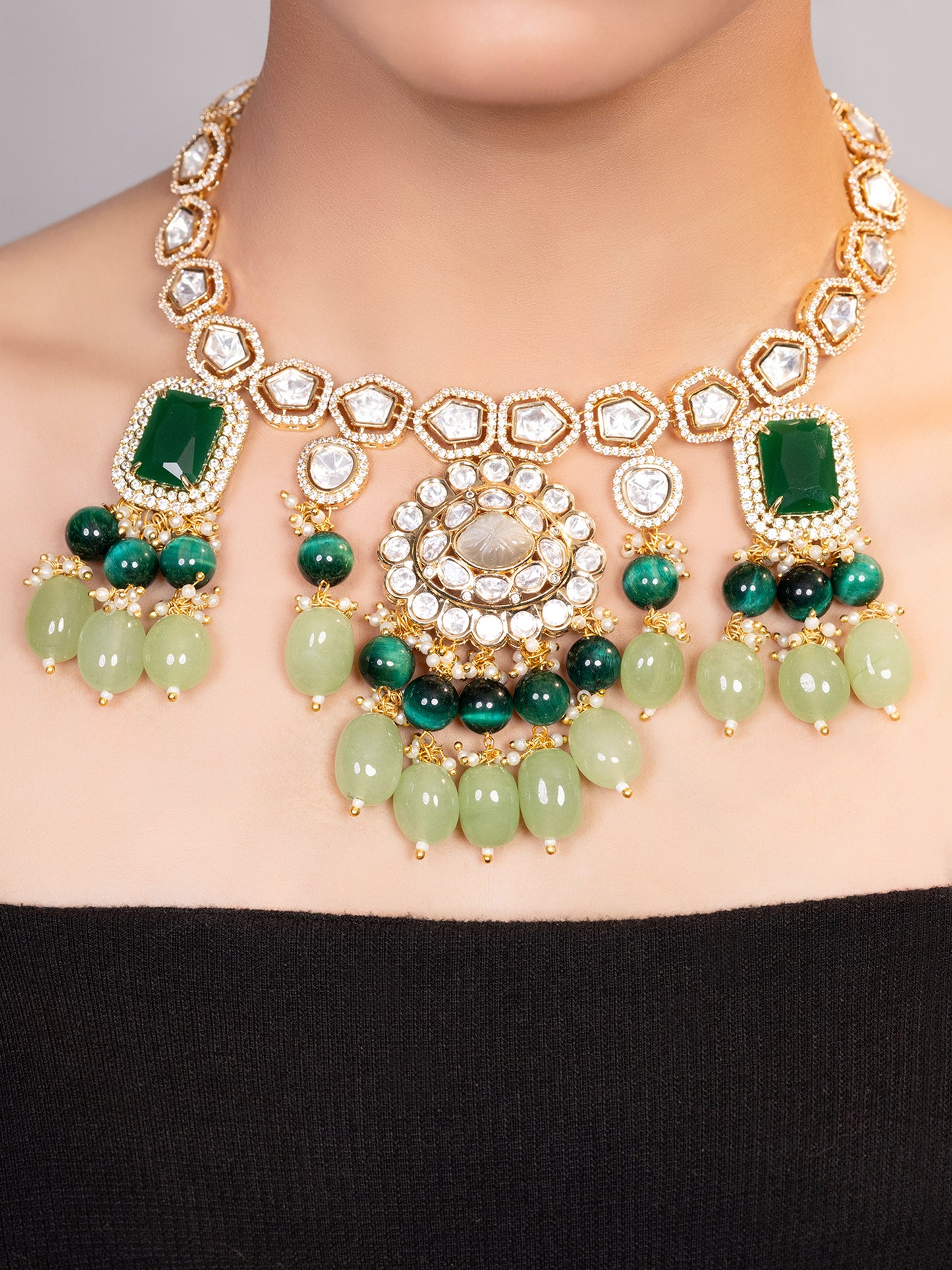 LE LIANA GREEN BEADS AND MOISSANITE STUDDED NECKLACE jewellery in 24K gold plating | XAGO Luxe