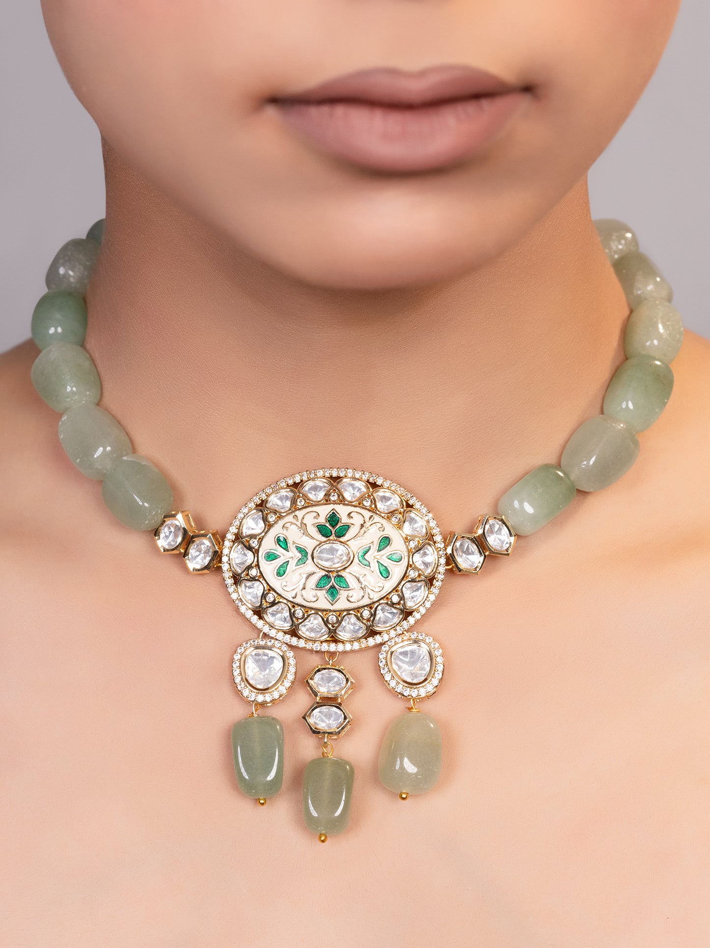 LE TEYLIE GREEN BEADS AND MOISSANITE STUDDED NECKLACE jewellery in 24K gold plating | XAGO Luxe