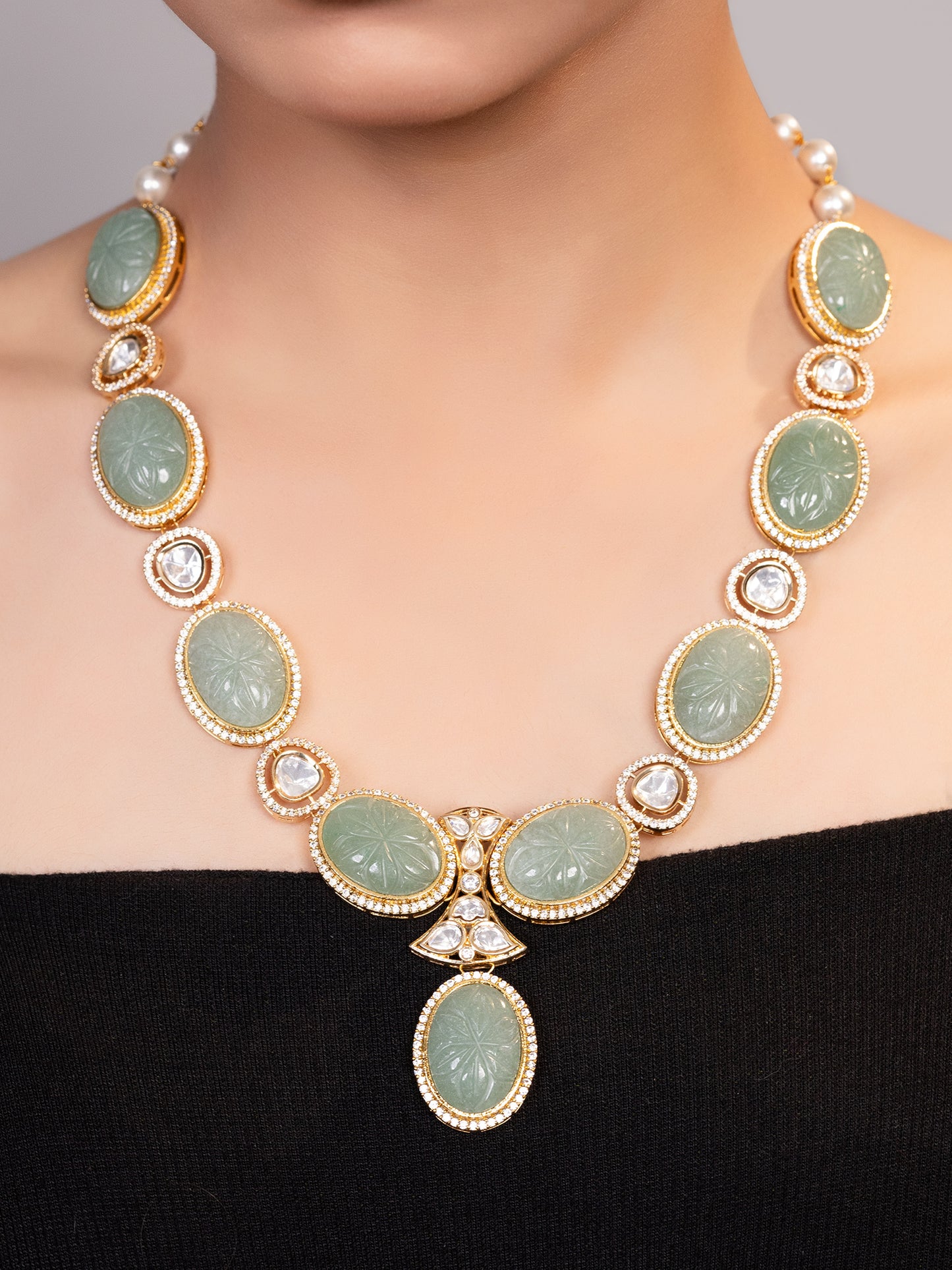 LE AYLIN GREEN BEADS AND KUNDAN STUDDED NECKLACE jewellery in 24K gold plating | XAGO Luxe