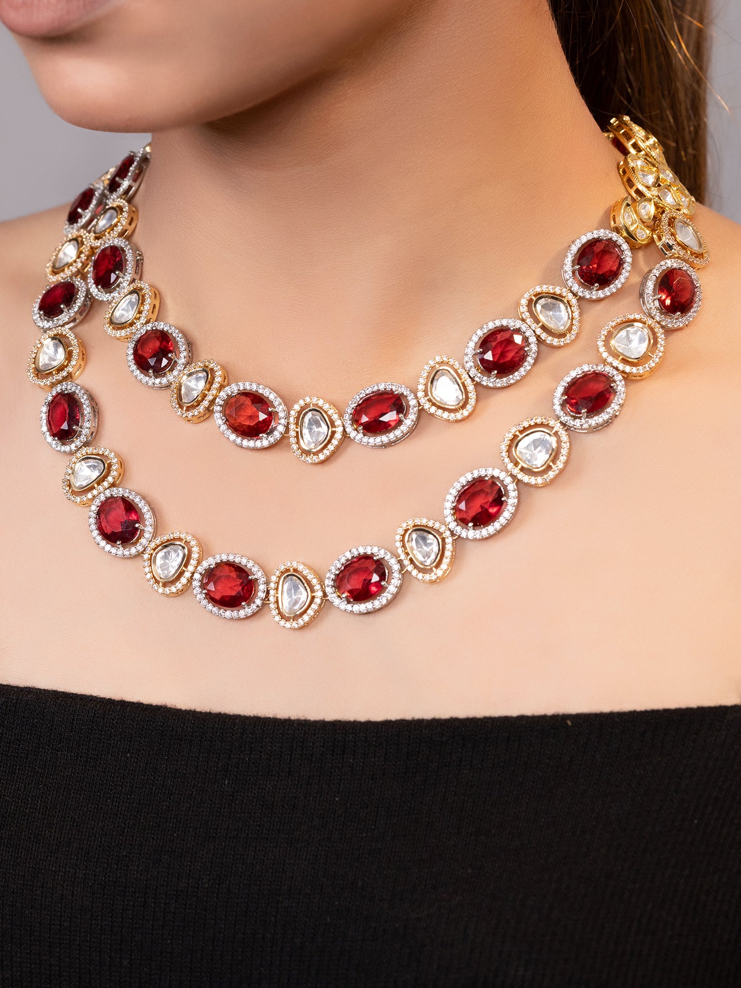 LE AIZAH RED BEADS AND KUNDAN STUDDED NECKLACE