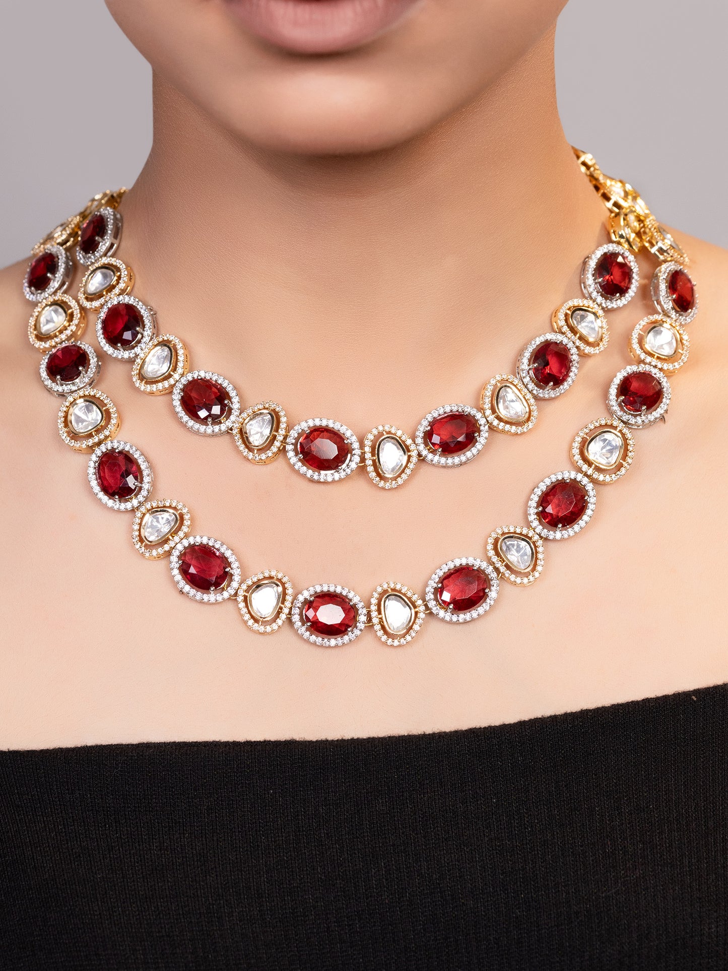 LE AIZAH RED BEADS AND KUNDAN STUDDED NECKLACE