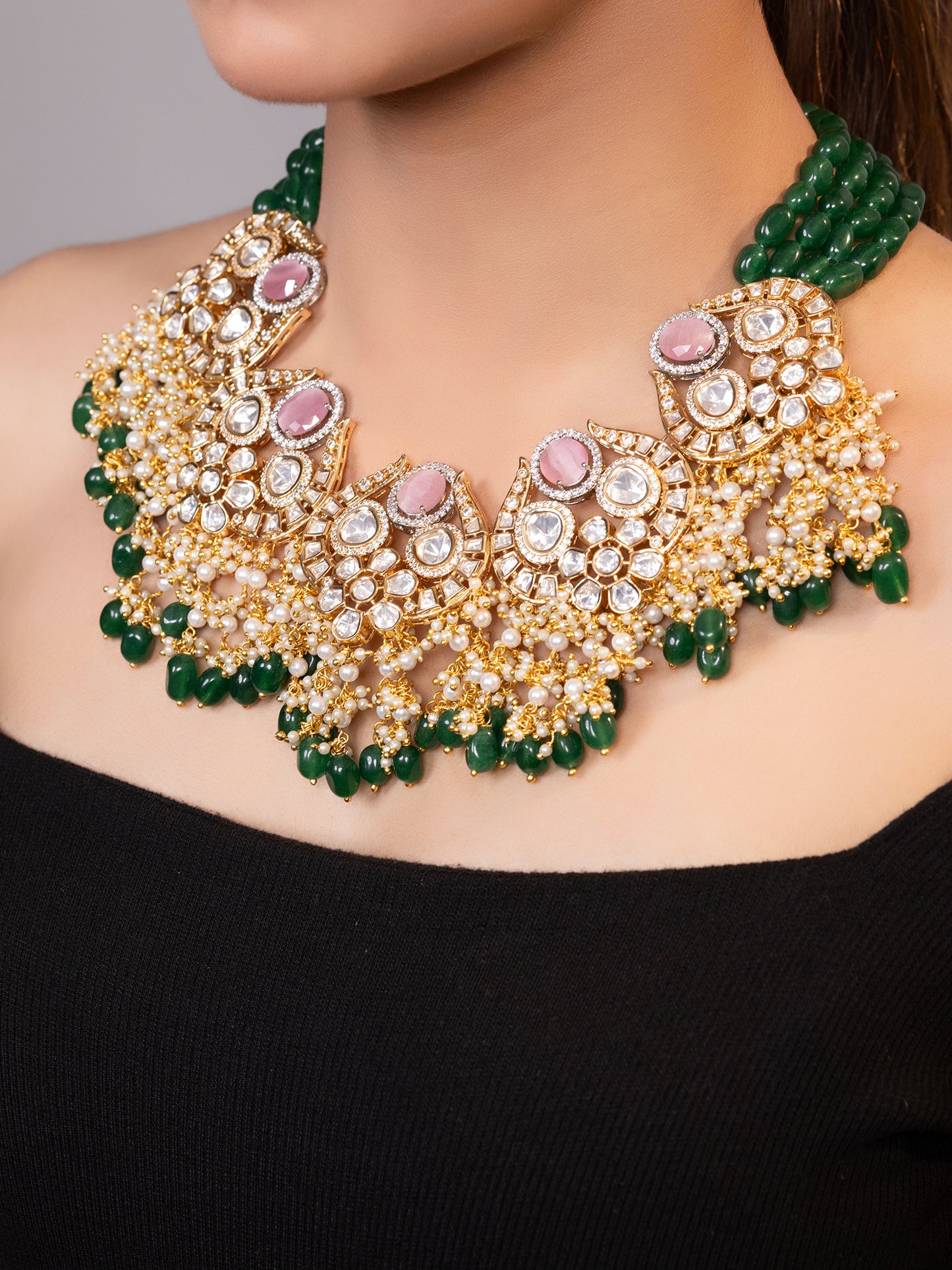 LE DELYTH GOLD PLATED MULTI BEADS AND MOISSANITE STUDDED NECKLACE jewellery in 24K gold plating | XAGO Luxe