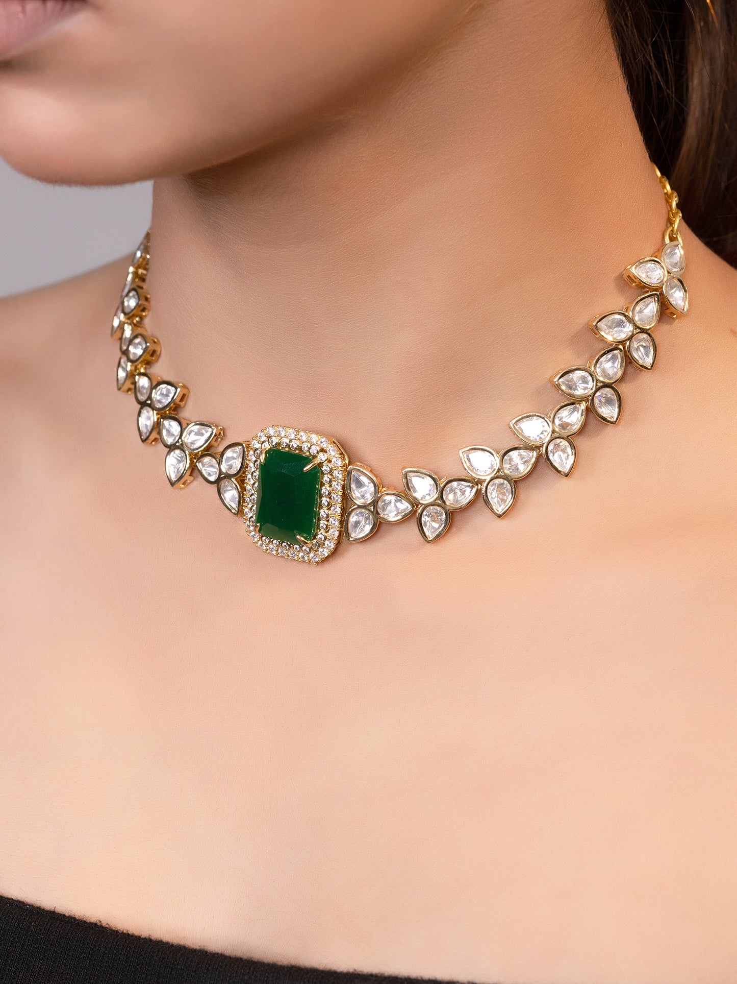 LE KEYA GOLD PLATED GREEN BEAD AND KUNDAN STUDDED NECKLACE jewellery in 24K gold plating | XAGO Luxe