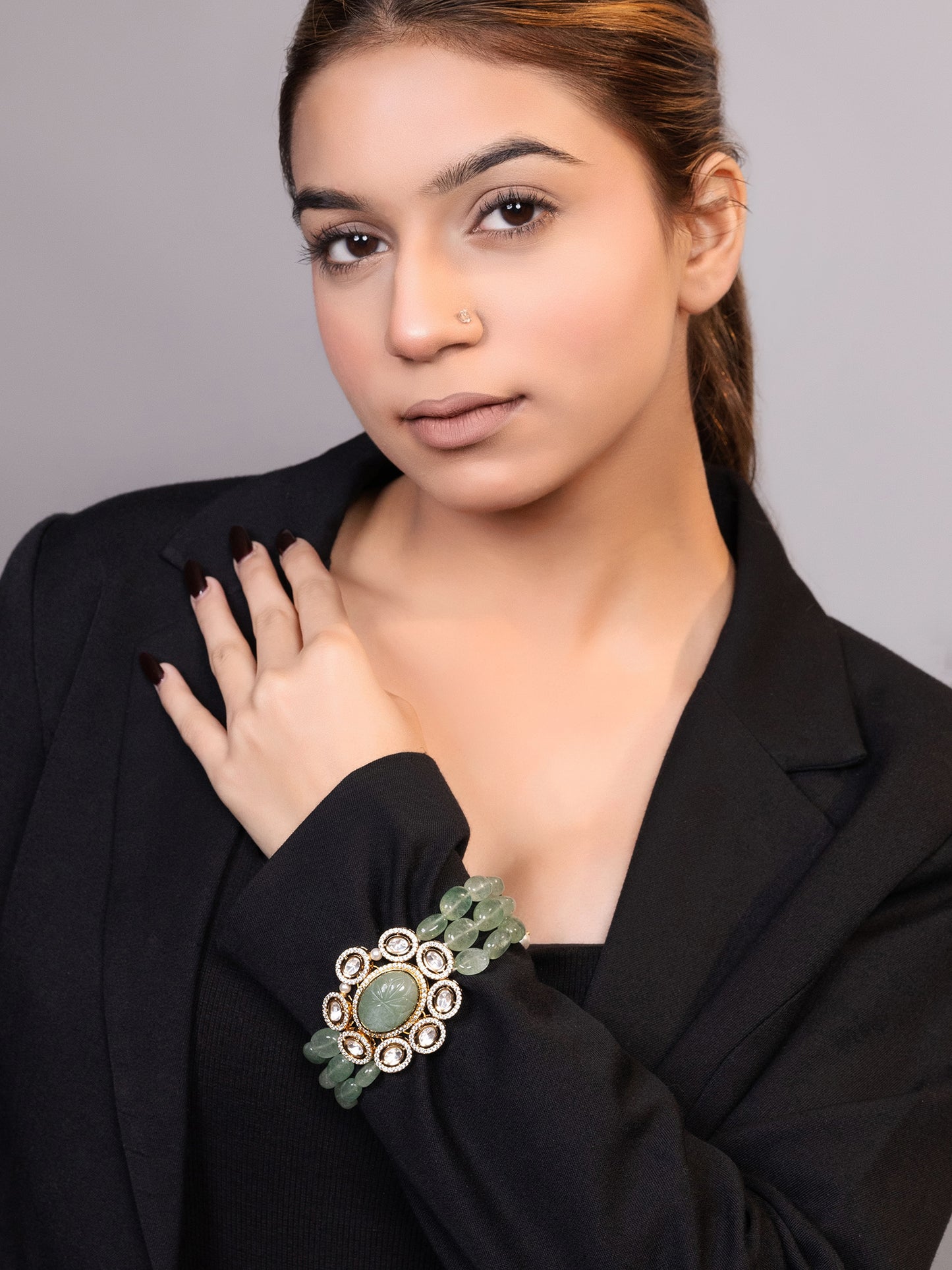 LE TIERAN GOLD PLATED GREEN BEADS AND MOISSANITE STUDDED BRACELET jewellery in 24K gold plating | XAGO Luxe