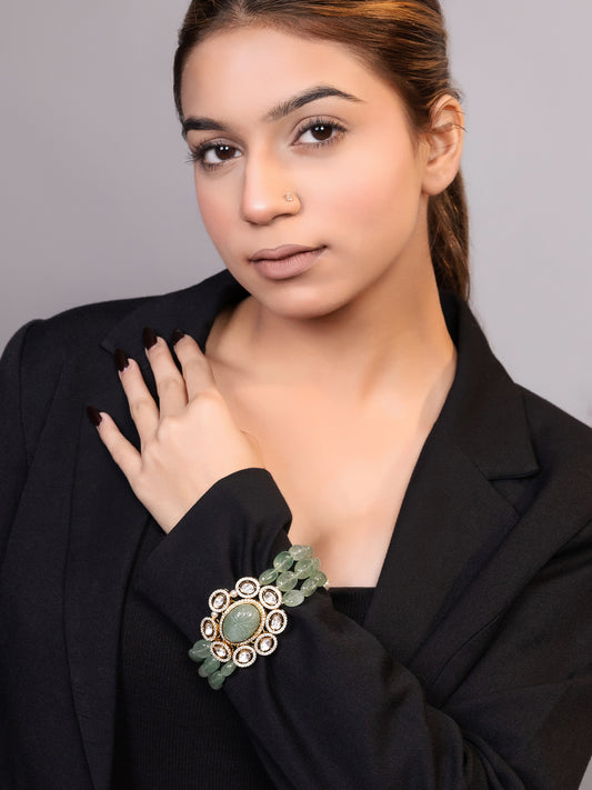 LE TIERAN GOLD PLATED GREEN BEADS AND MOISSANITE STUDDED BRACELET jewellery in 24K gold plating | XAGO Luxe