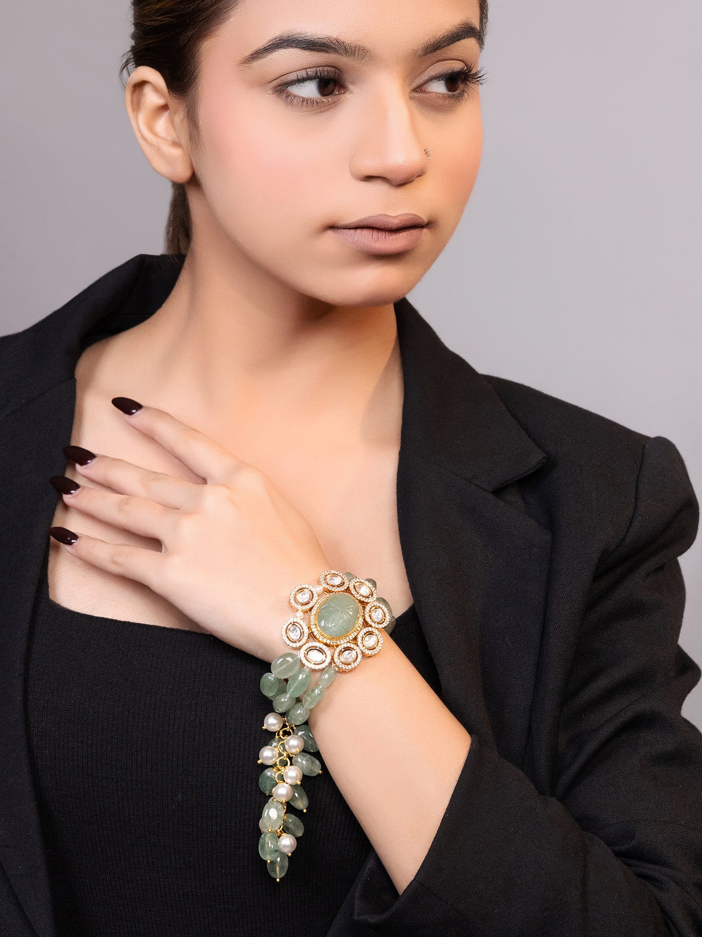 LE TIERAN GOLD PLATED GREEN BEADS AND MOISSANITE STUDDED BRACELET jewellery in 24K gold plating | XAGO Luxe