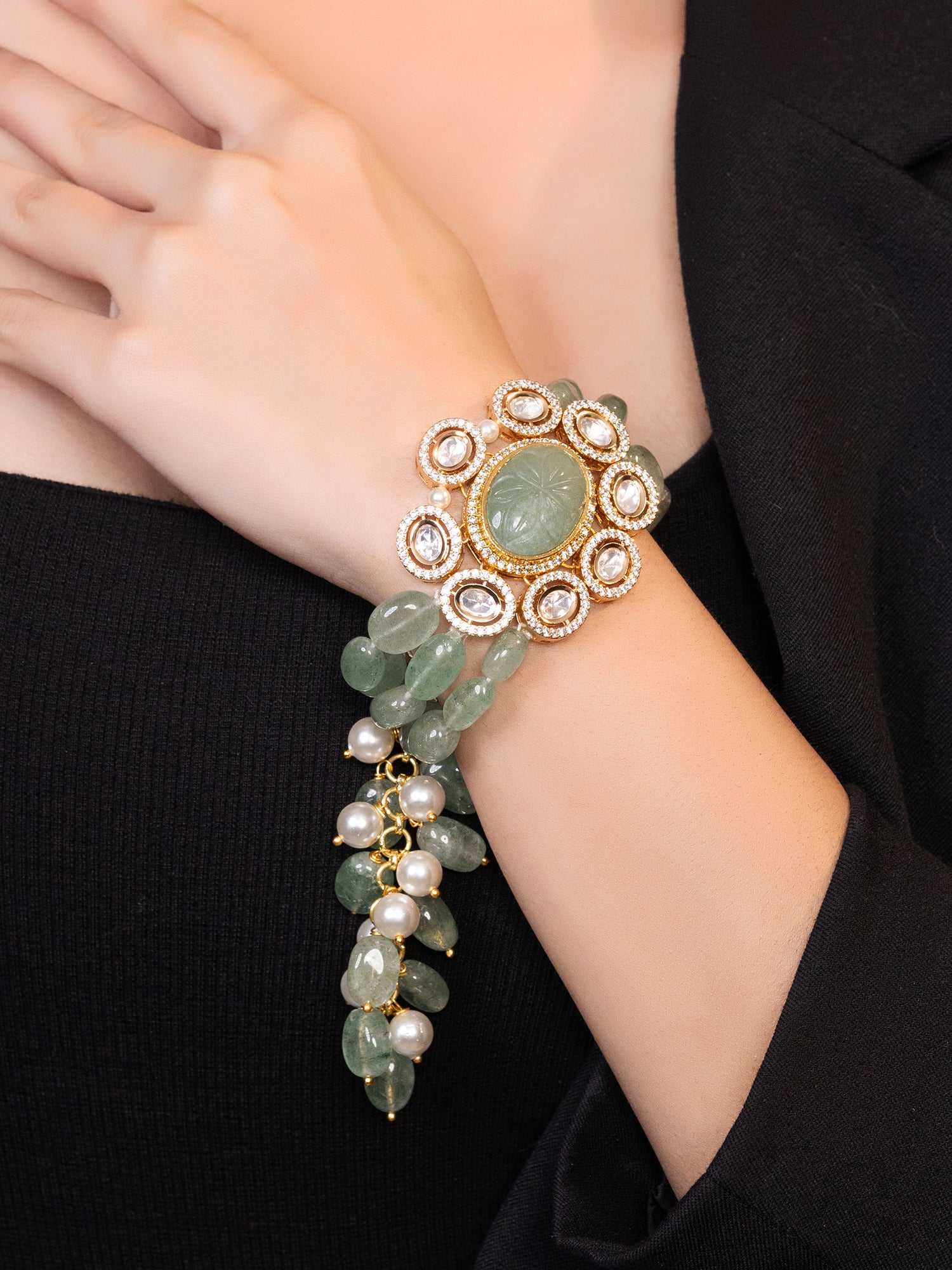 LE TIERAN GOLD PLATED GREEN BEADS AND MOISSANITE STUDDED BRACELET jewellery in 24K gold plating | XAGO Luxe