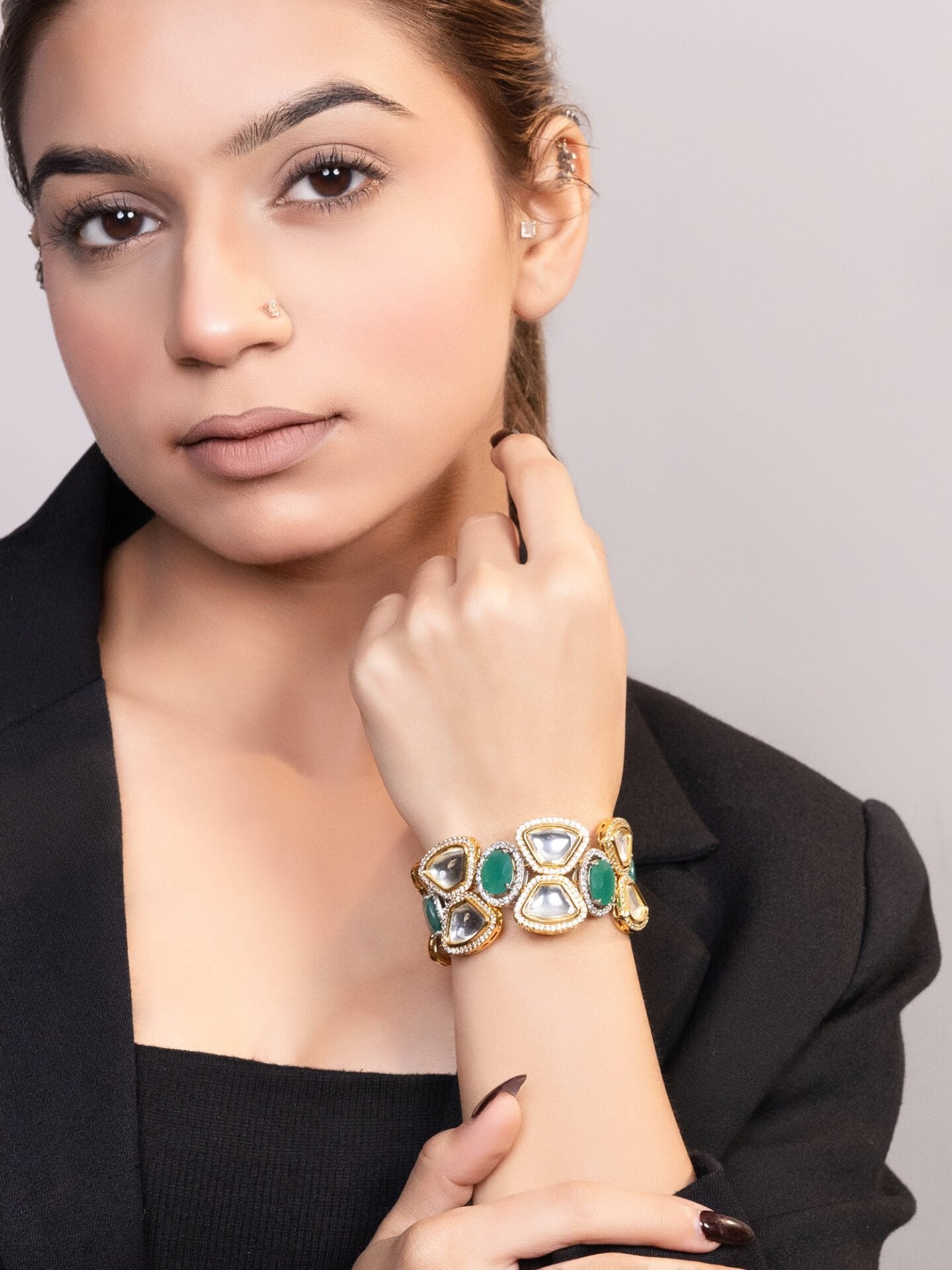 LE TIAGO GOLD PLATED GREEN BEADS AND MOISSANITE STUDDED BRACELET jewellery in 24K gold plating | XAGO Luxe