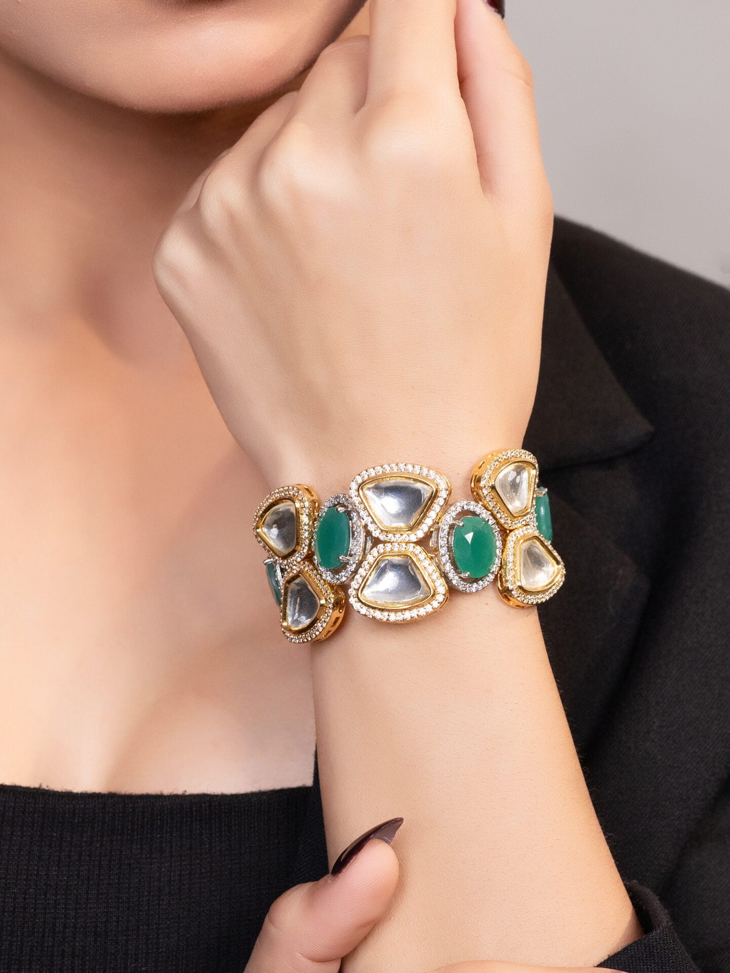 LE TIAGO GOLD PLATED GREEN BEADS AND MOISSANITE STUDDED BRACELET jewellery in 24K gold plating | XAGO Luxe