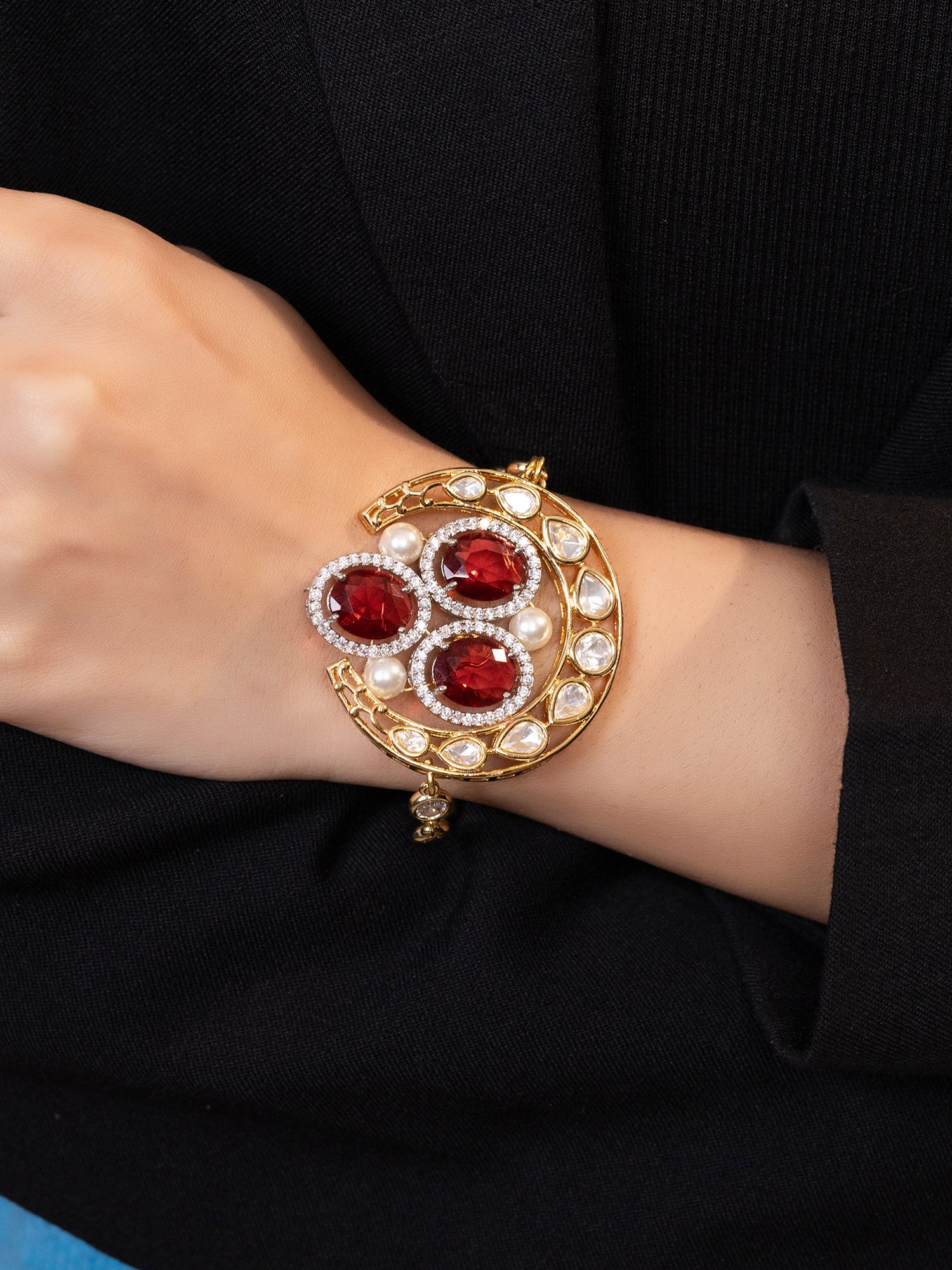 LE DIVA GOLD PLATED RED BEADS AND KUNDAN STUDDED BRACELET jewellery in 24K gold plating | XAGO Luxe