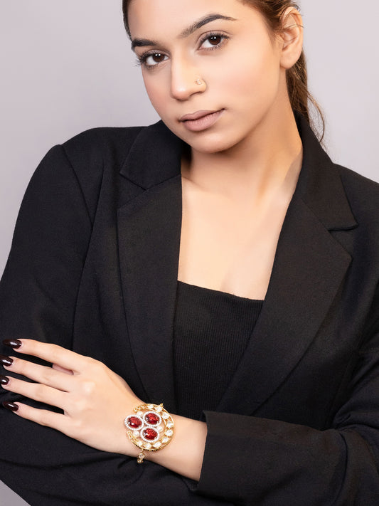 LE DIVA GOLD PLATED RED BEADS AND KUNDAN STUDDED BRACELET jewellery in 24K gold plating | XAGO Luxe