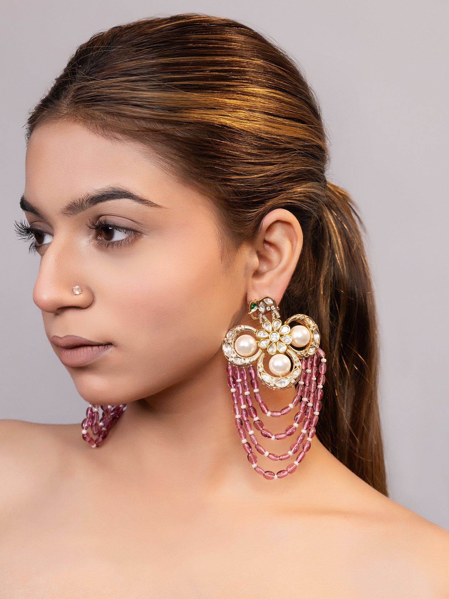 LE TAVISHI PINK PEARLS AND MOISSANITE STUDDED EARRINGS jewellery in 24K gold plating | XAGO Luxe