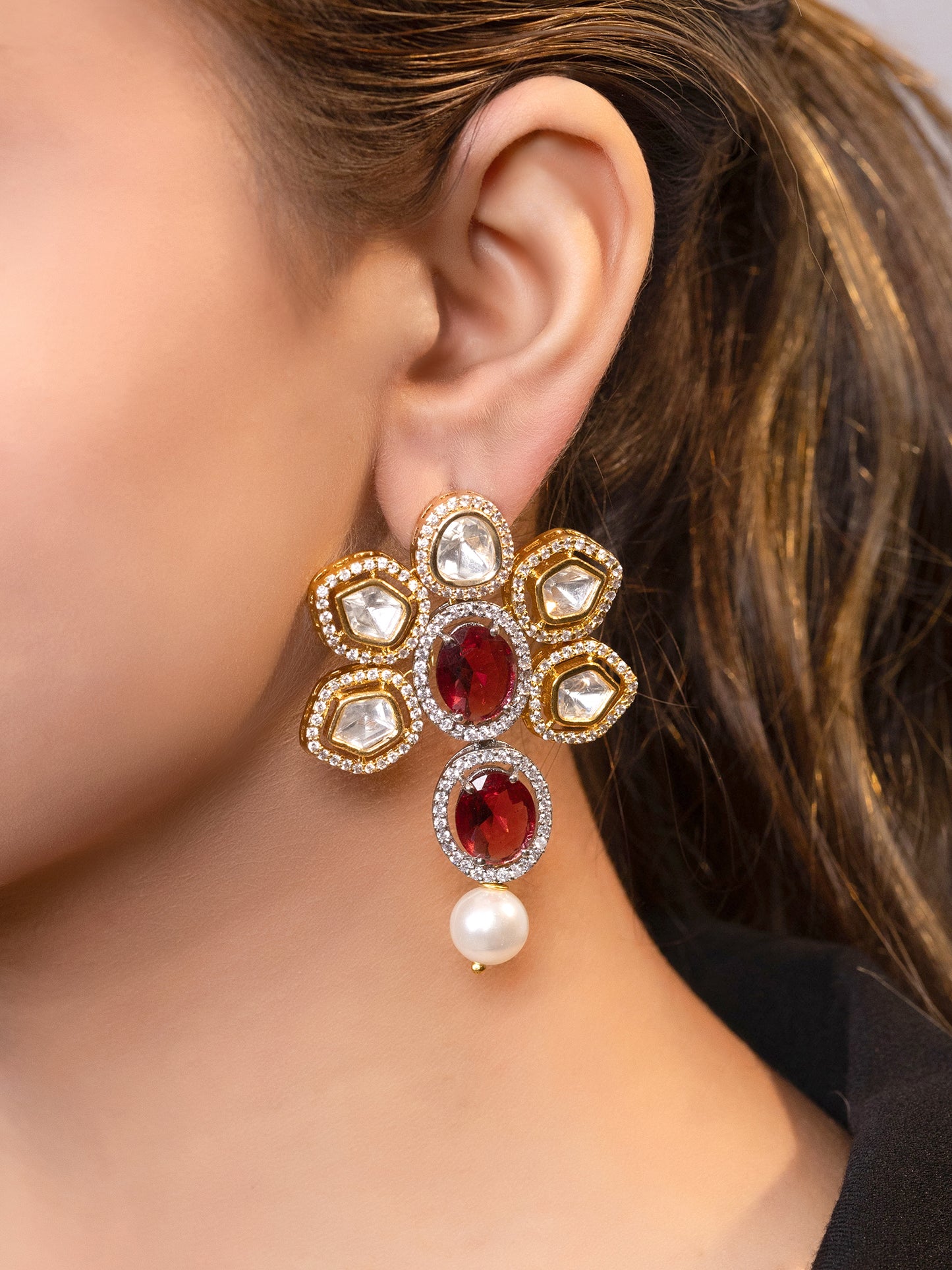 LE ESPEN GOLD PLATED KUNDAN STUDDED EARRINGS jewellery in 24K gold plating | XAGO Luxe