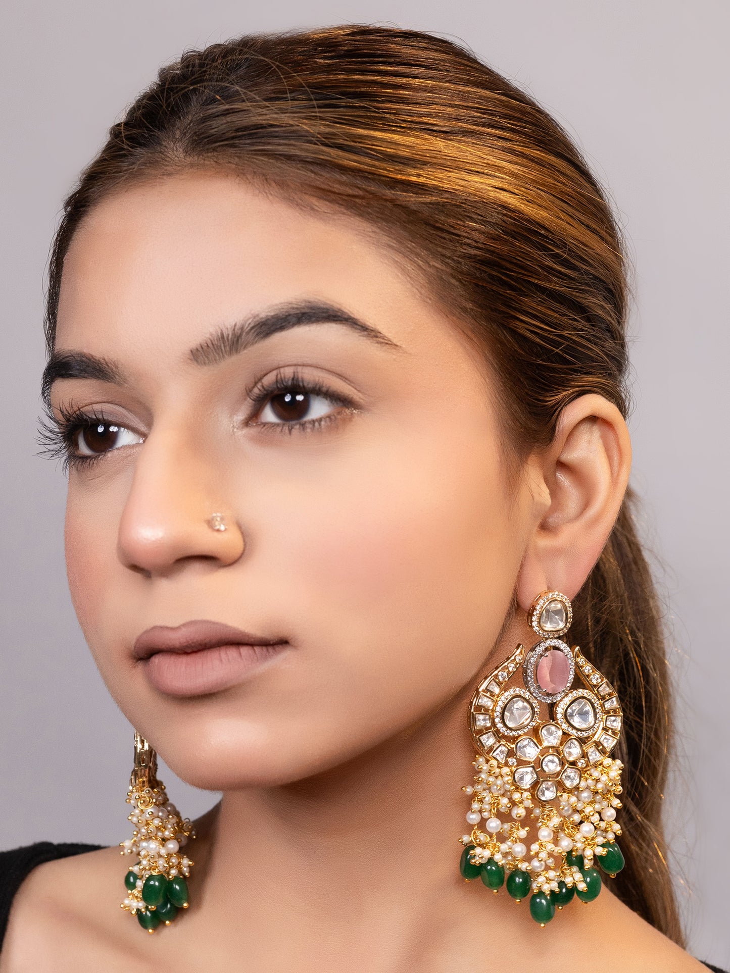 LE MORTHA GOLD PLATED KUNDAN AND PEARLS STUDDED EARRINGS jewellery in 24K gold plating | XAGO Luxe