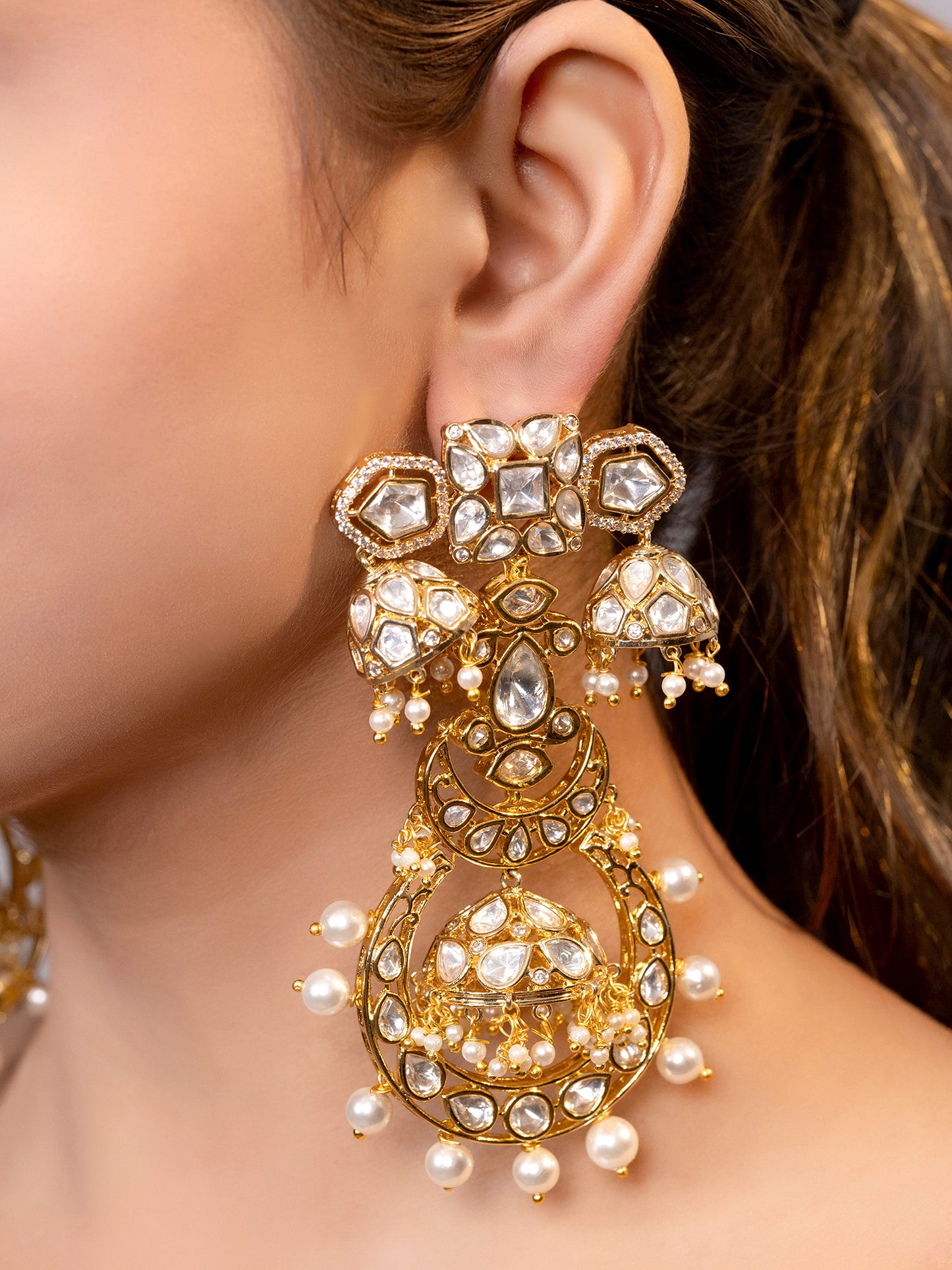 LE KARMA GOLD PLATED MOISSANITE AND PEARLS STUDDED EARRINGS jewellery in 24K gold plating | XAGO Luxe