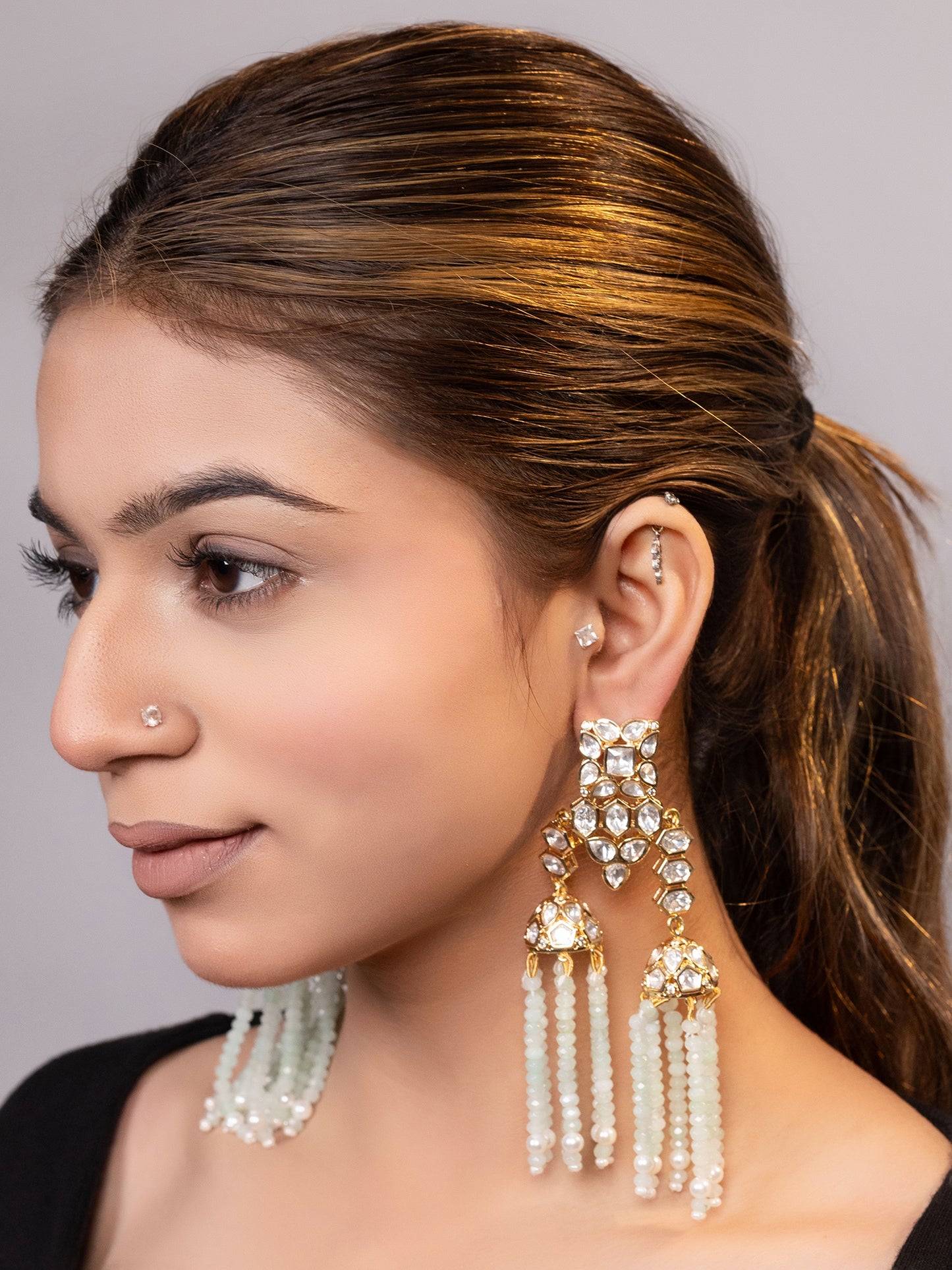 LE YUVAN MINT GREEN BEADS, MOISSANITE STUDDED EARRINGS