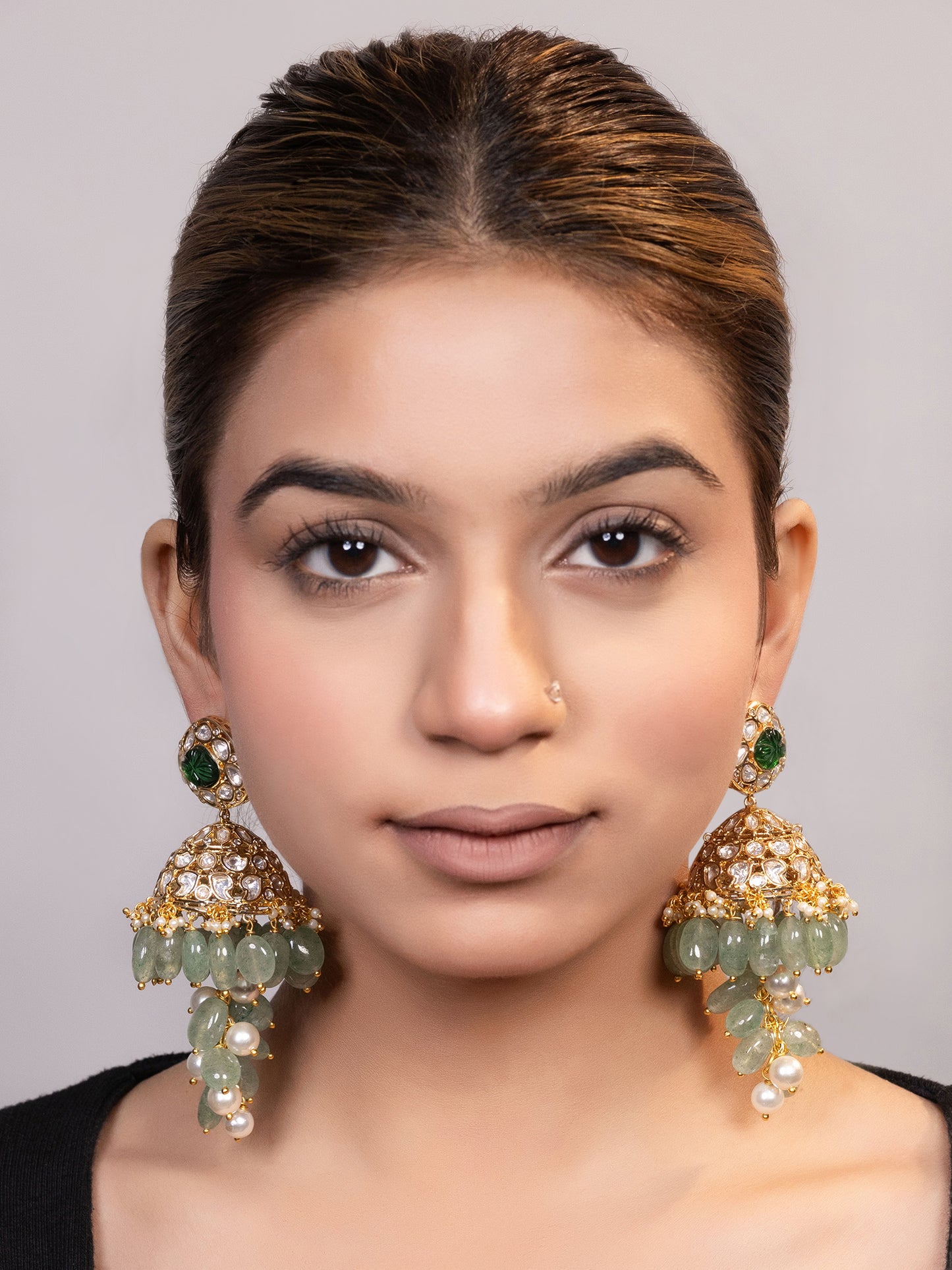 LE VALENN GOLD PLATED MOISSANITE AND GREEN PEARLS STUDDED EARRINGS jewellery in 24K gold plating | XAGO Luxe